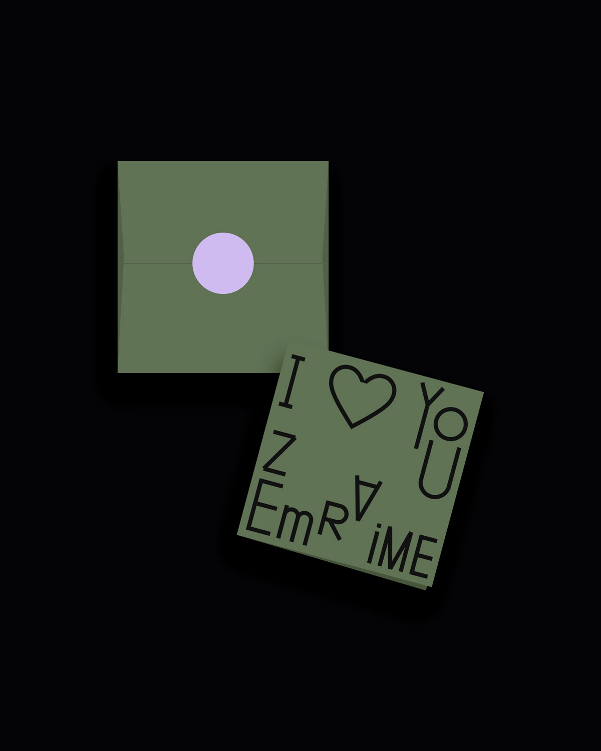 Olive green card with black text reading „I HEART YOU“ and Albanian „ZEMRA IME“, below a sealed sage green envelope. Olive green card with black text reading