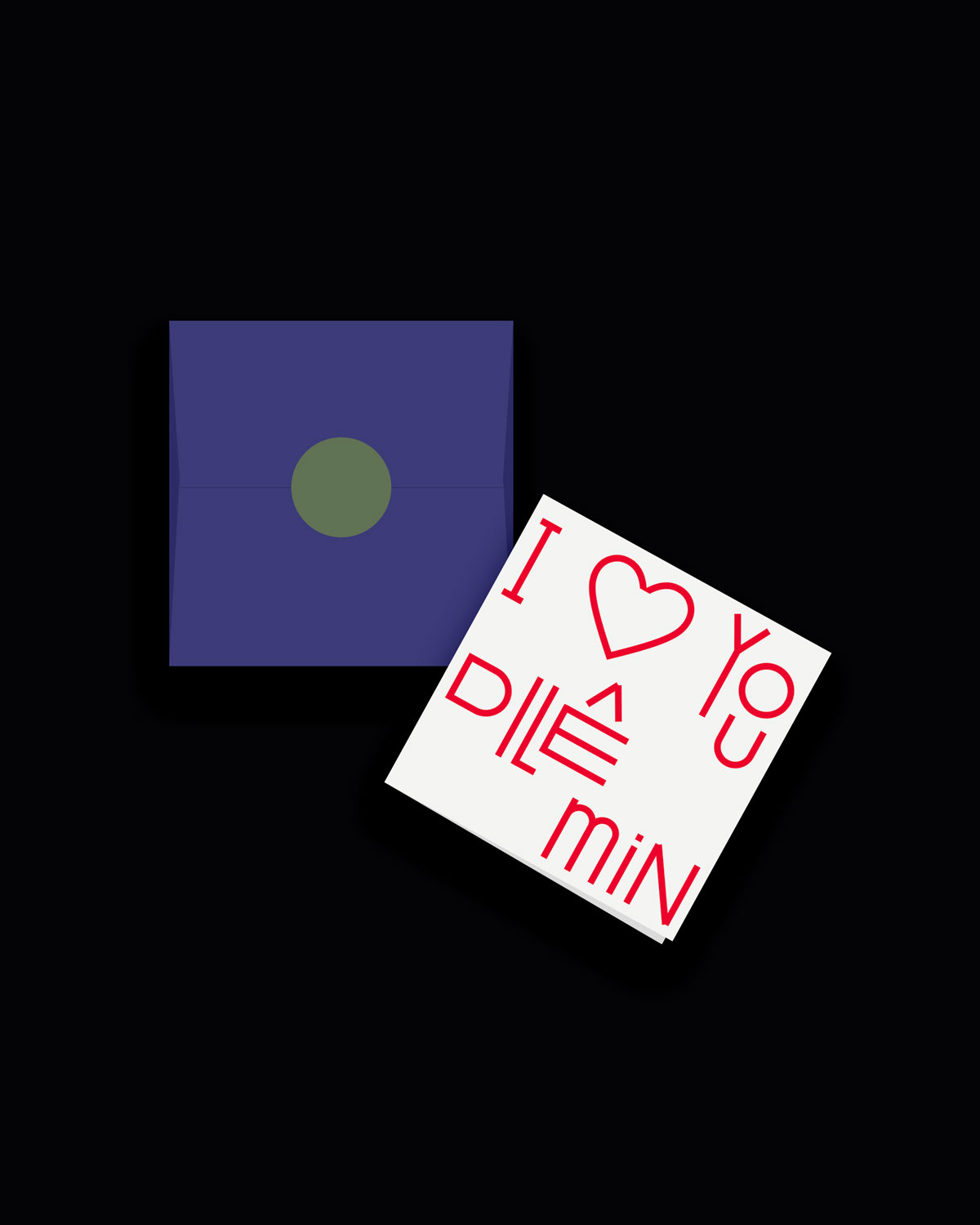 White card with red text reading „I HEART YOU“ and Kurdish „DILÊ MIN“, next to a blue envelope with a green sticker. White card with red text reading