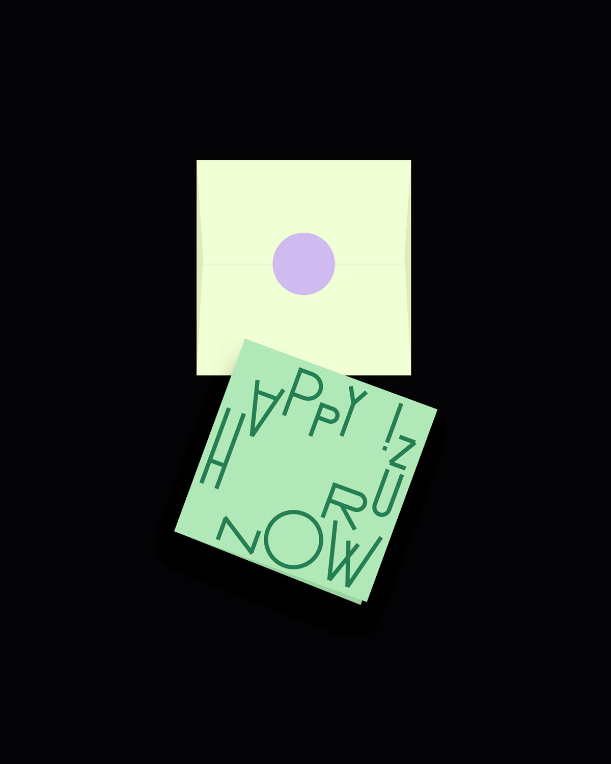 Light green card with dark green text reading „HAPPY NOWRUZ!“ below a pale yellow envelope sealed with a purple sticker. Light green card with dark green text reading