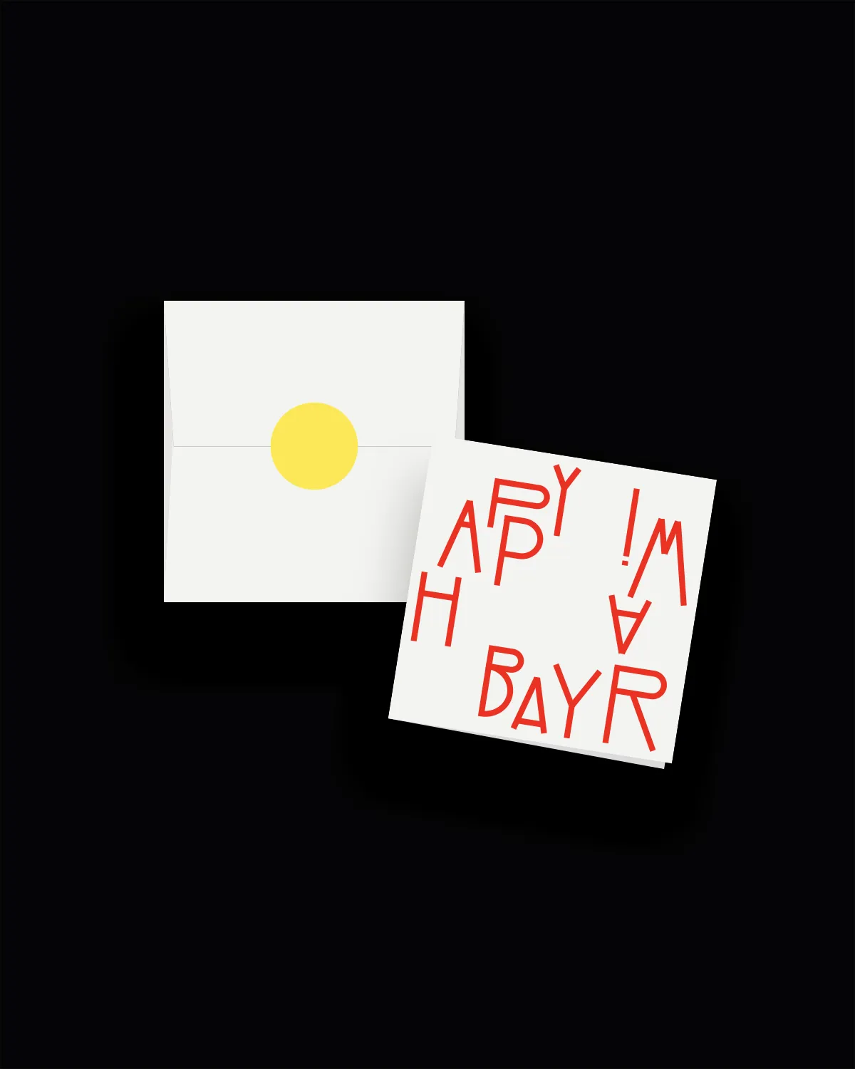White greeting card with red text reading „HAPPY BAYRAM!“, next to a white envelope sealed with a yellow sticker. White greeting card with red text reading