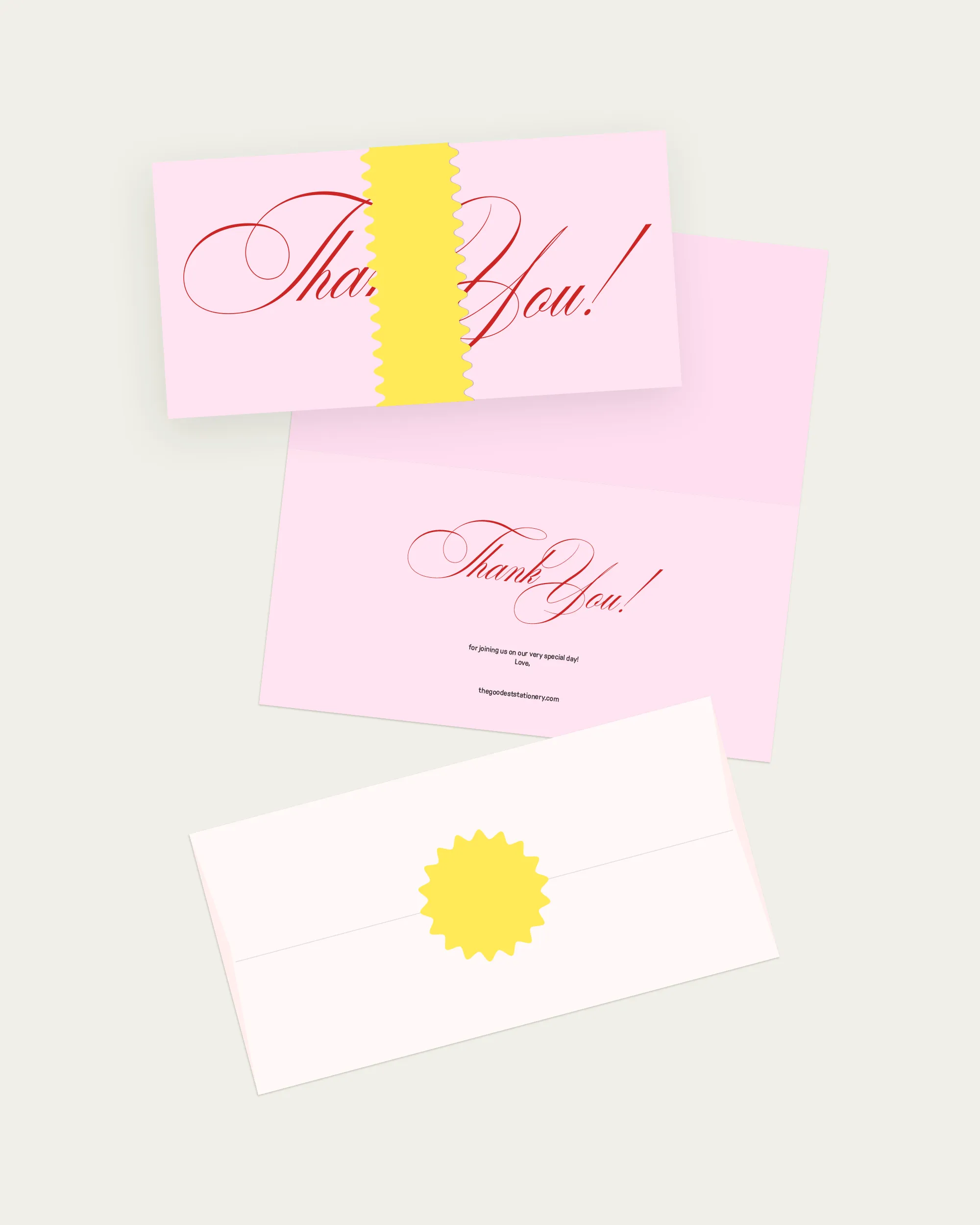 Digital mockup of the Flamingo Suite Thank You card, inlay, and envelope. Contemporary stationery with bright red details.