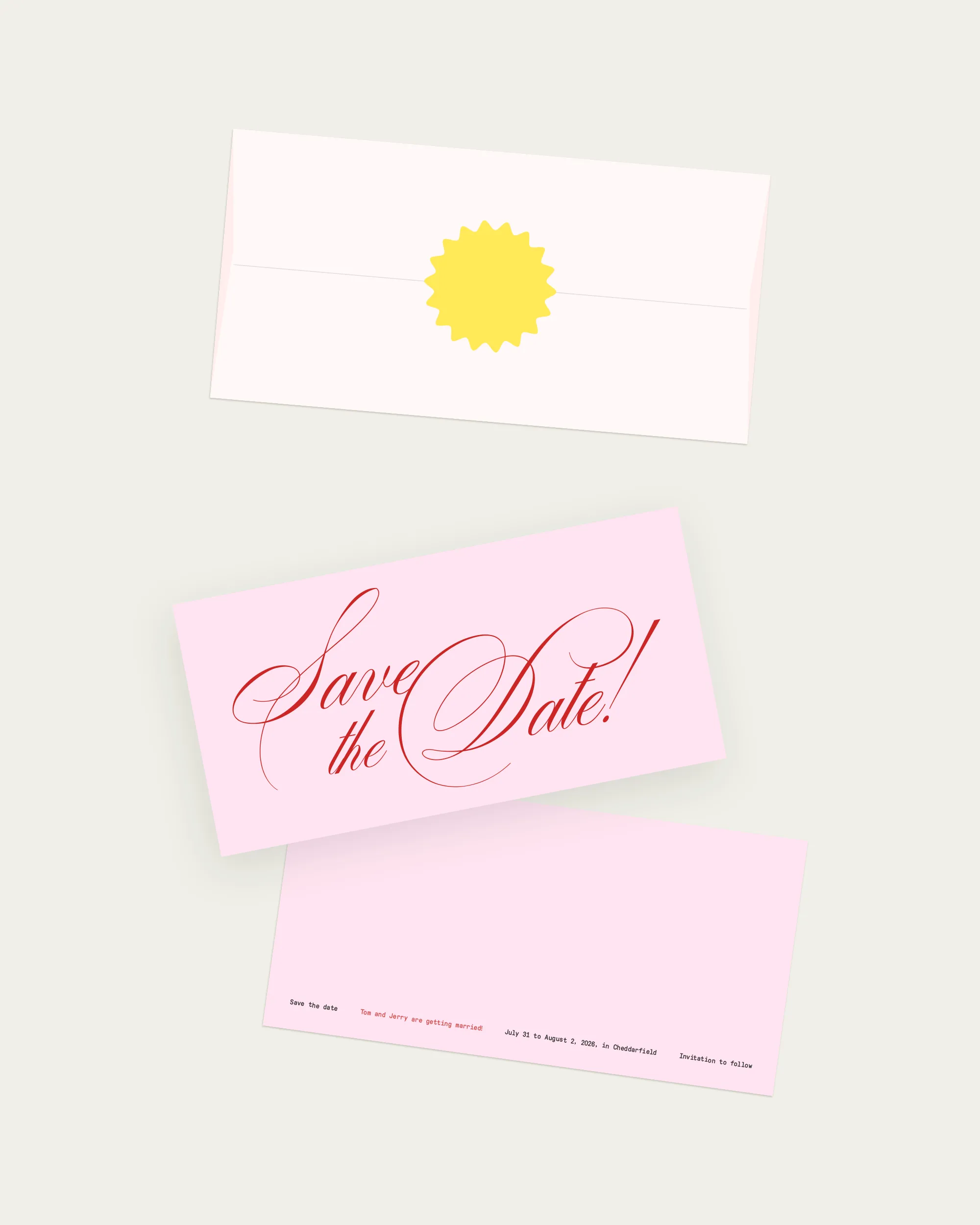 Digital mockup of the Flamingo Suite save-the-date, belly band, and envelope with bright red details.