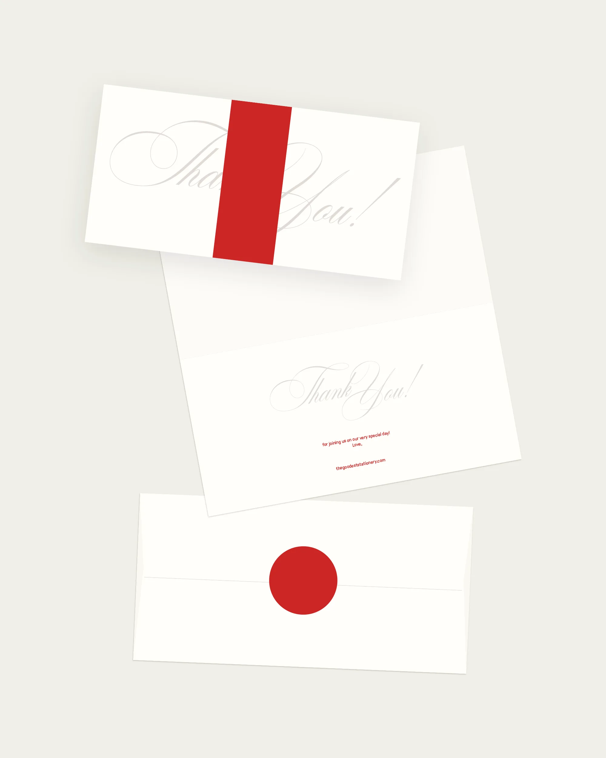 Digital mockup of the Aspen Suite Thank You card, inlay, and envelope. Contemporary stationery with bright red details.