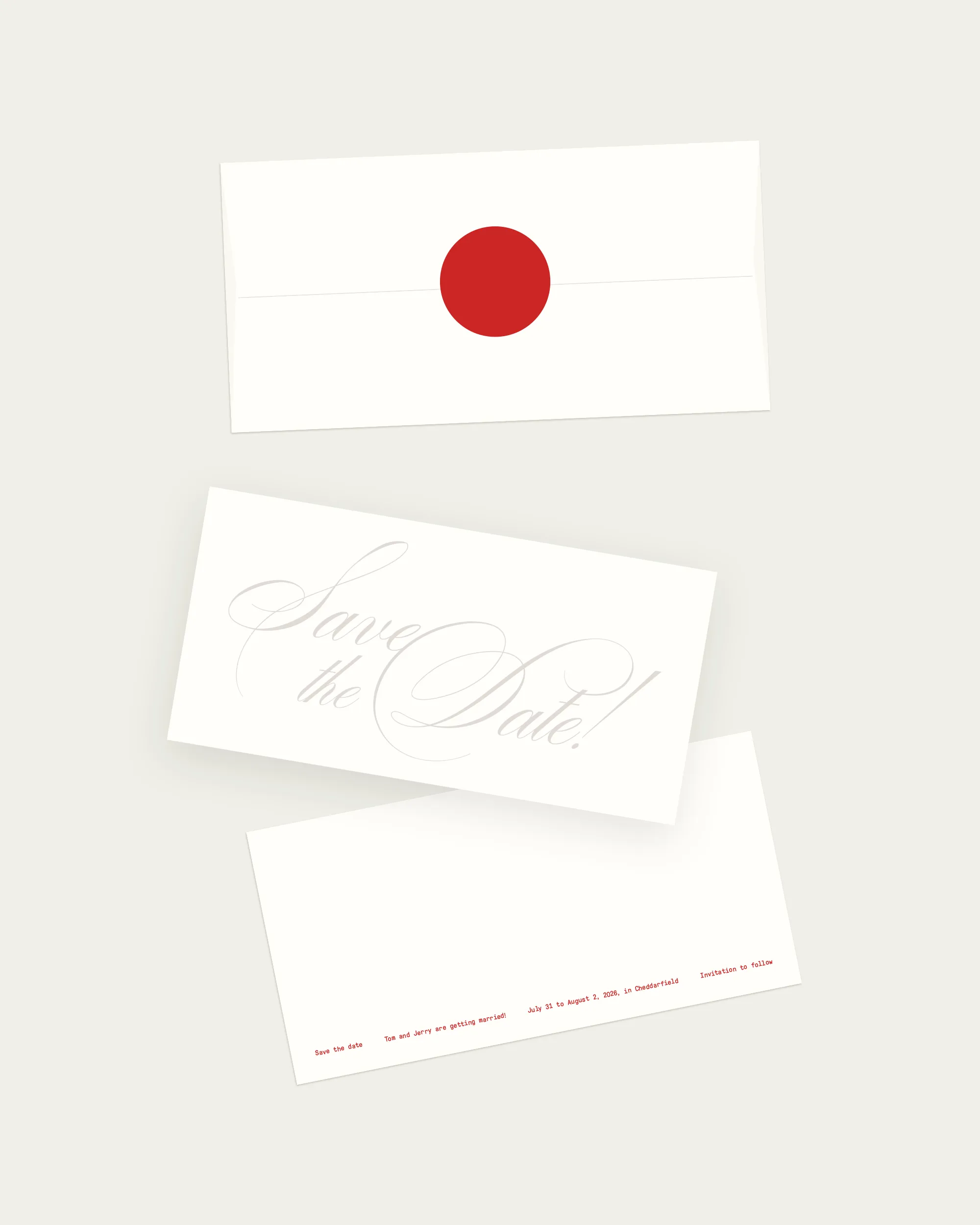Digital mockup of the Aspen Suite save-the-date, belly band, and envelope with bright red details.