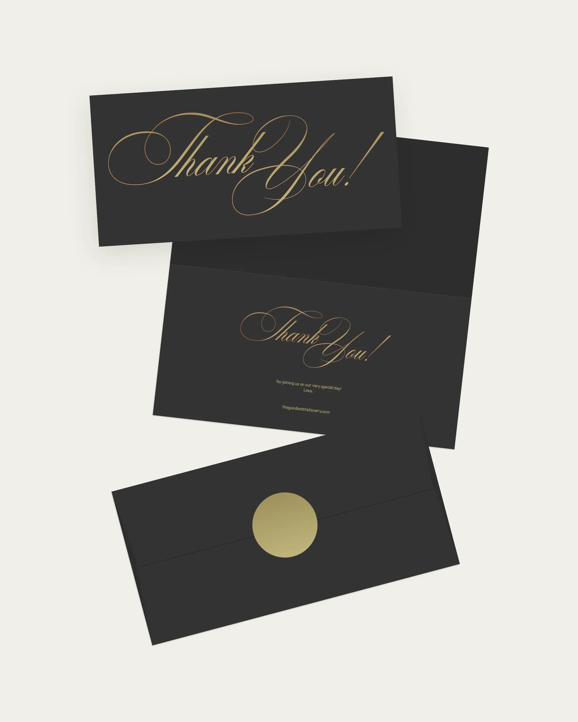 Digital mockup of the Kandy Suite Thank You card, inlay, and envelope. Contemporary stationery with bright red details.