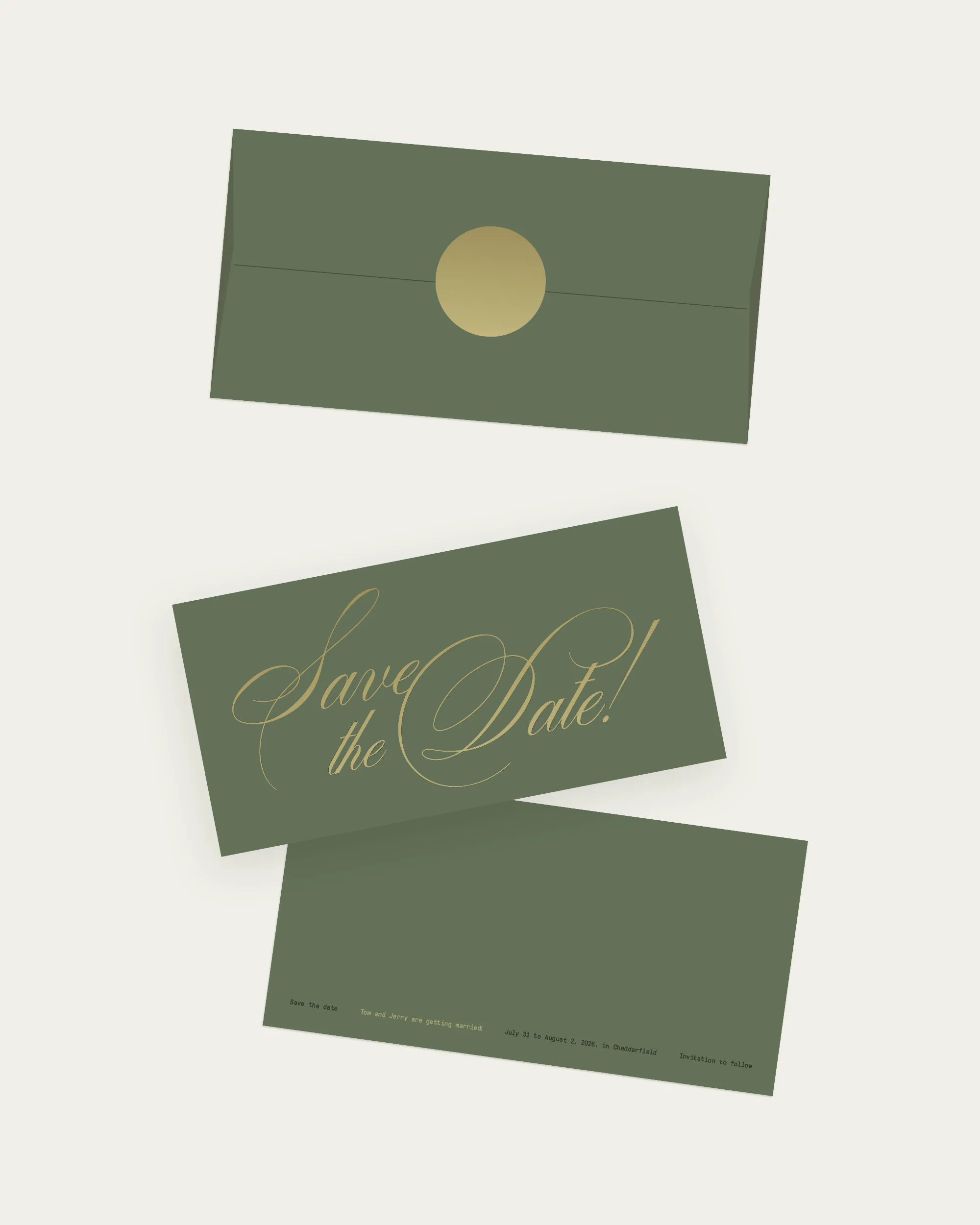 Digital mockup of the Kandy Suite save-the-date, belly band, and envelope with bright red details.