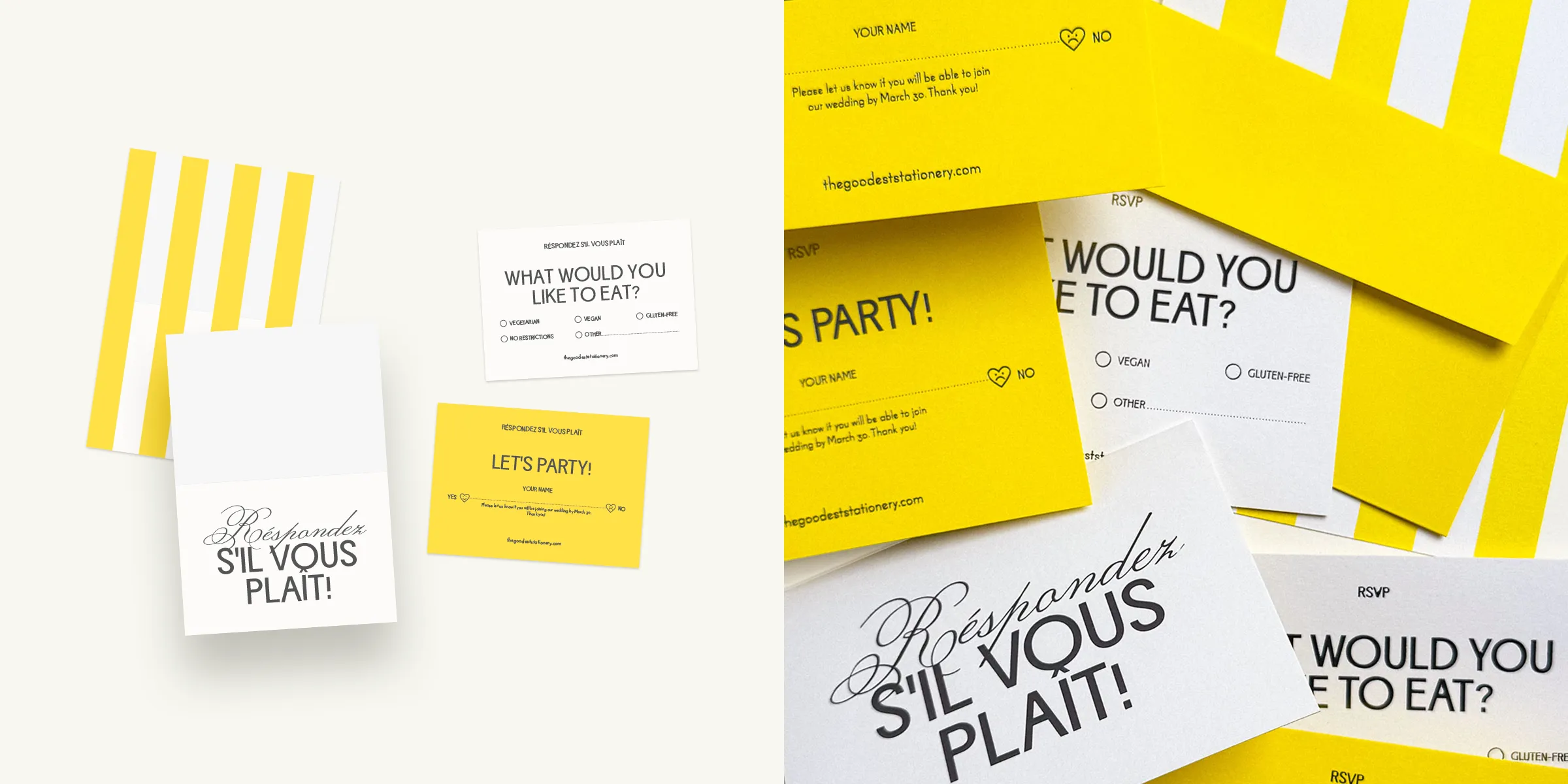 Split screen of yellow and white Amalfi Suite, top shot on the left, close-up on the right.