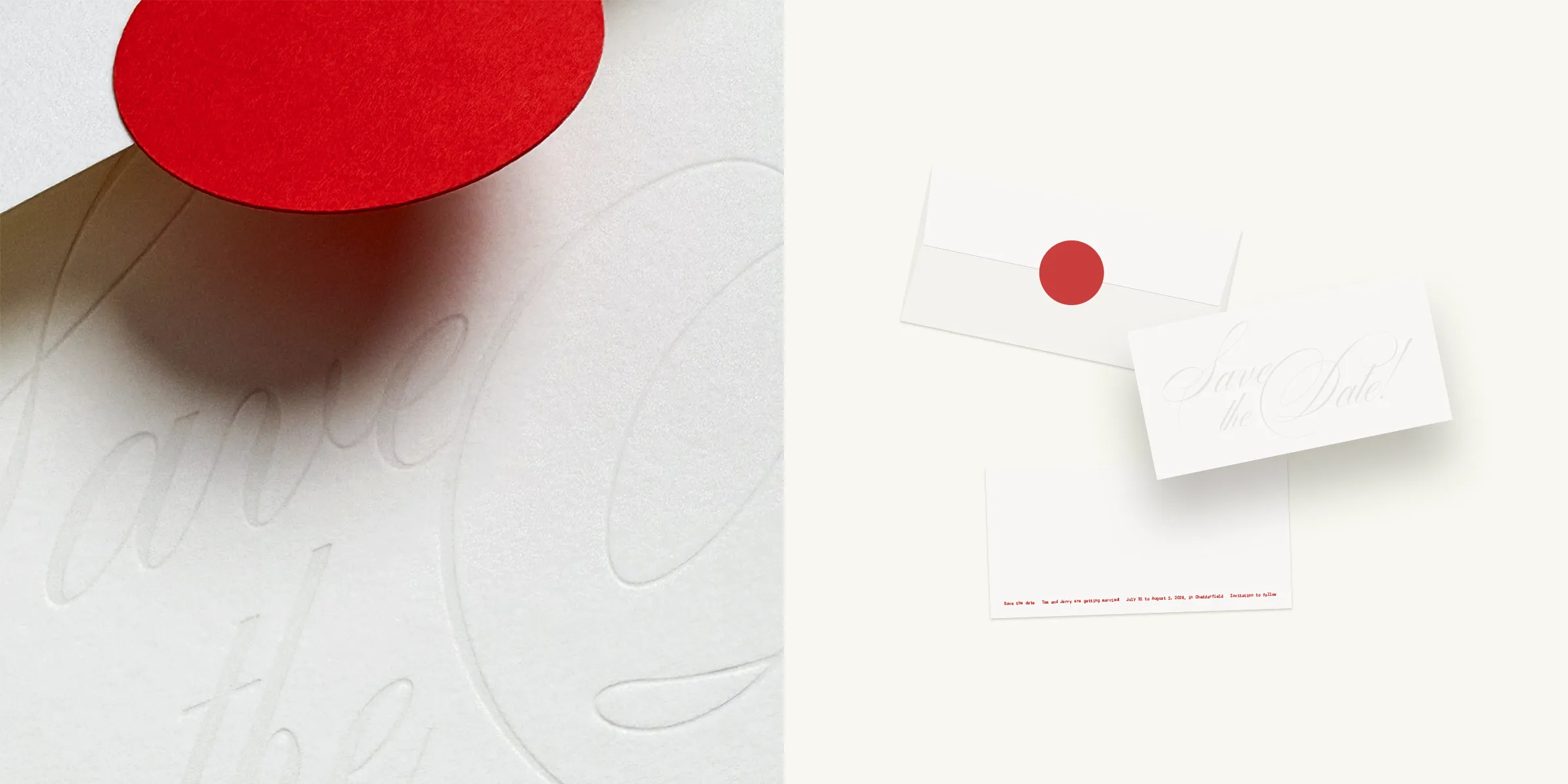This image is split into two halves of the Aspen Suite Save-the-date card and envelope, showcasing an elegant 
