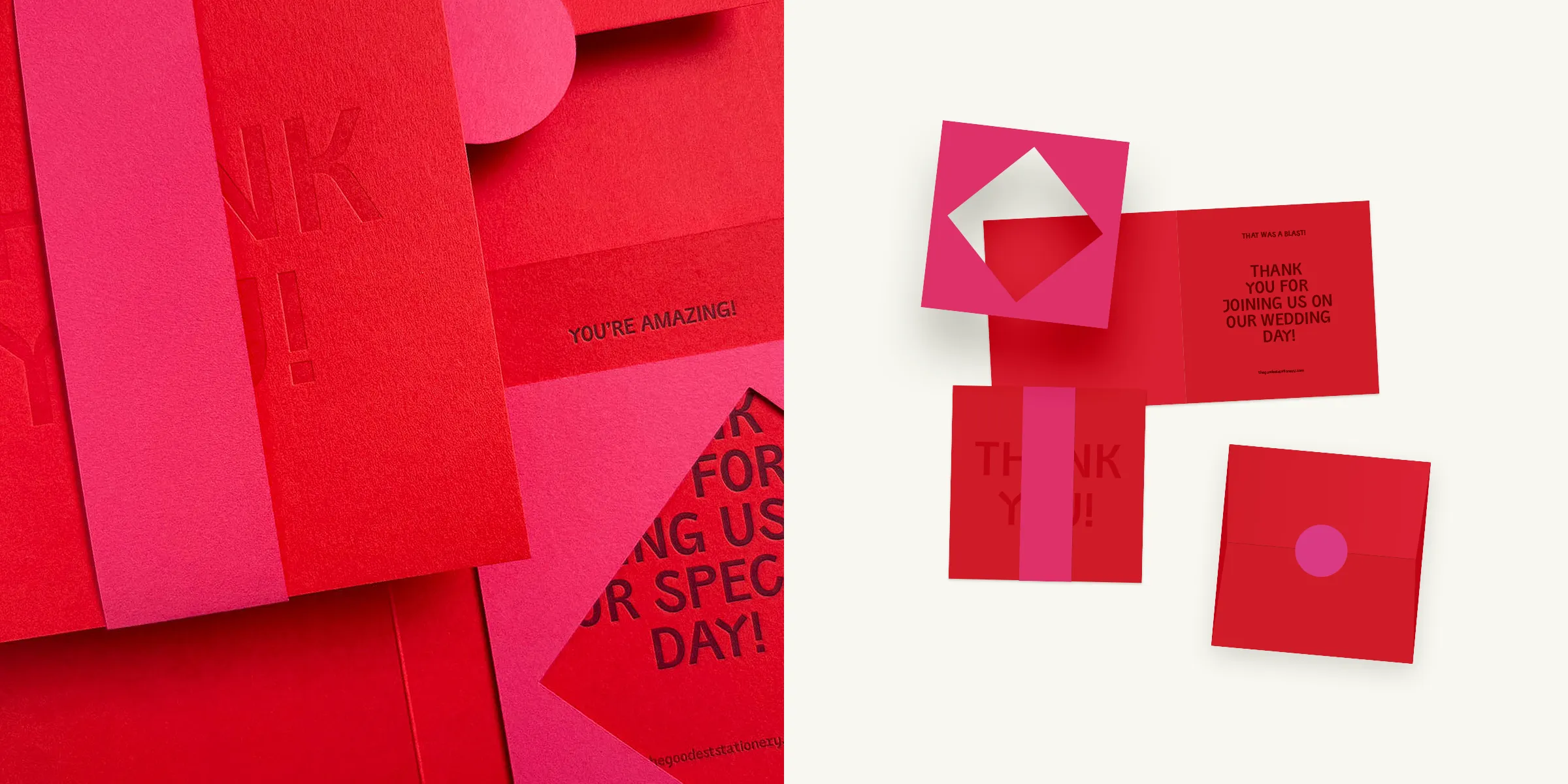 Red and pink wedding thank-you cards with 