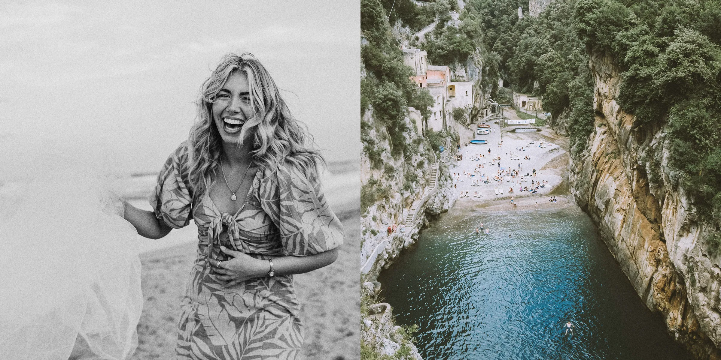 Laughing woman in b&w on the left, a scenic coastal view of Fiordo di Furore in color on the right.