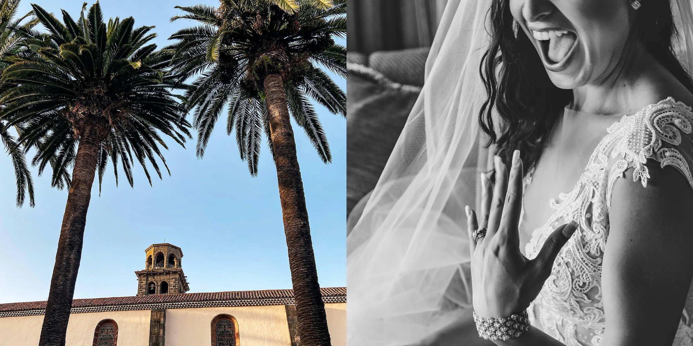 Palm trees and Mediterranean villa on the left; laughing bride showing her wedding ring on the right.