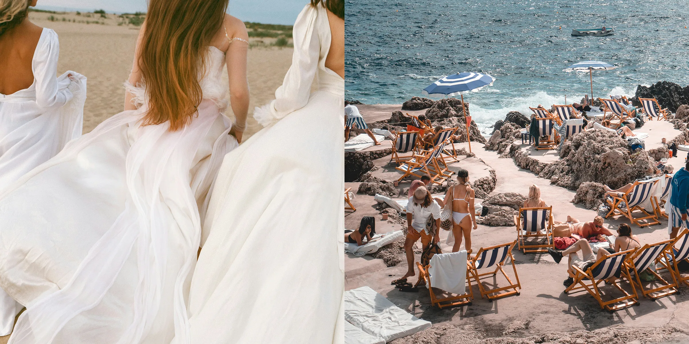 Three women in white dresses on a beach on the left; people on striped lounge chairs on a Mediterranean beach on the right.