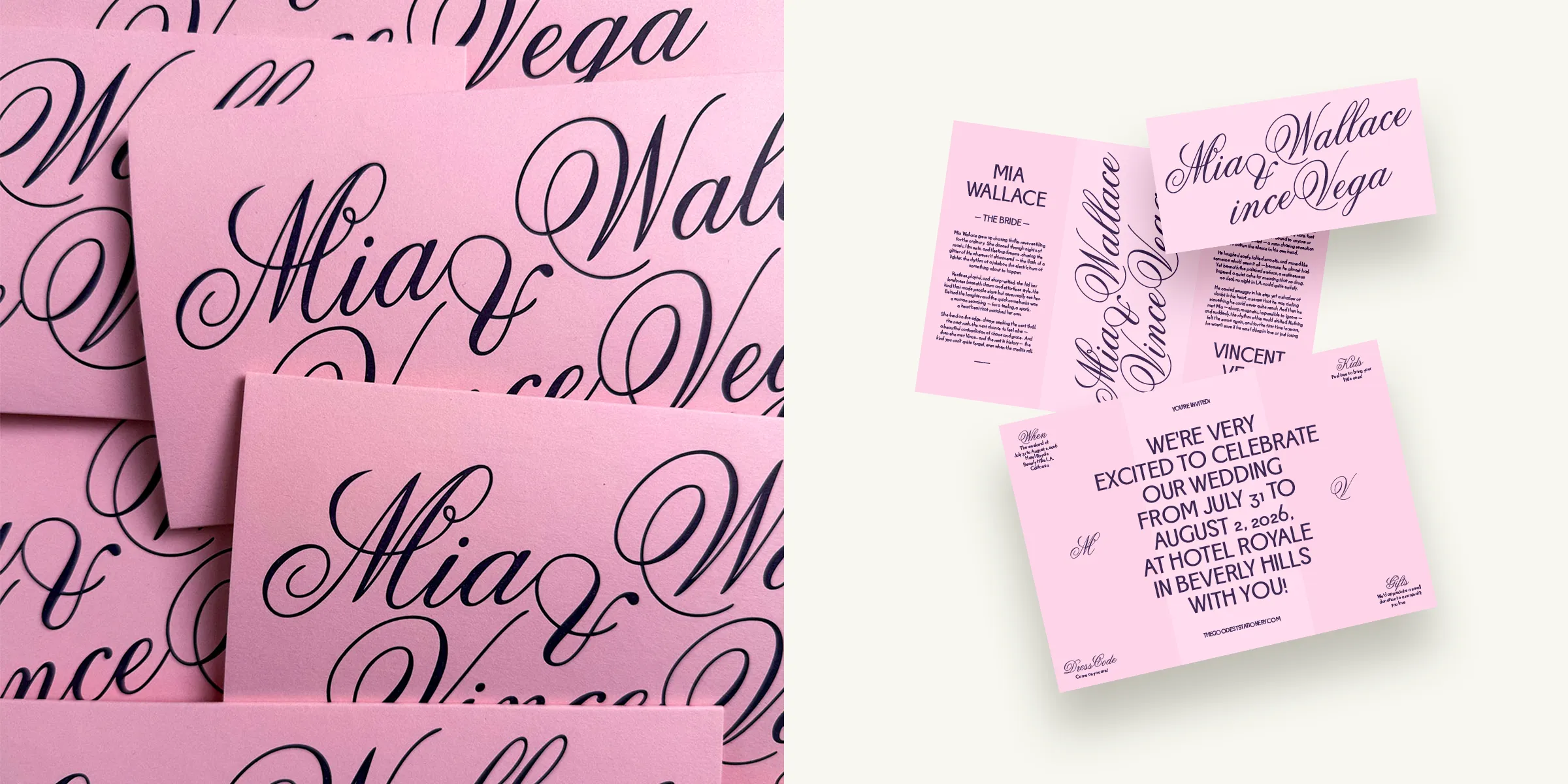Split screen of candy pink Poppy Suite, top shot on the right, close-up on the left.