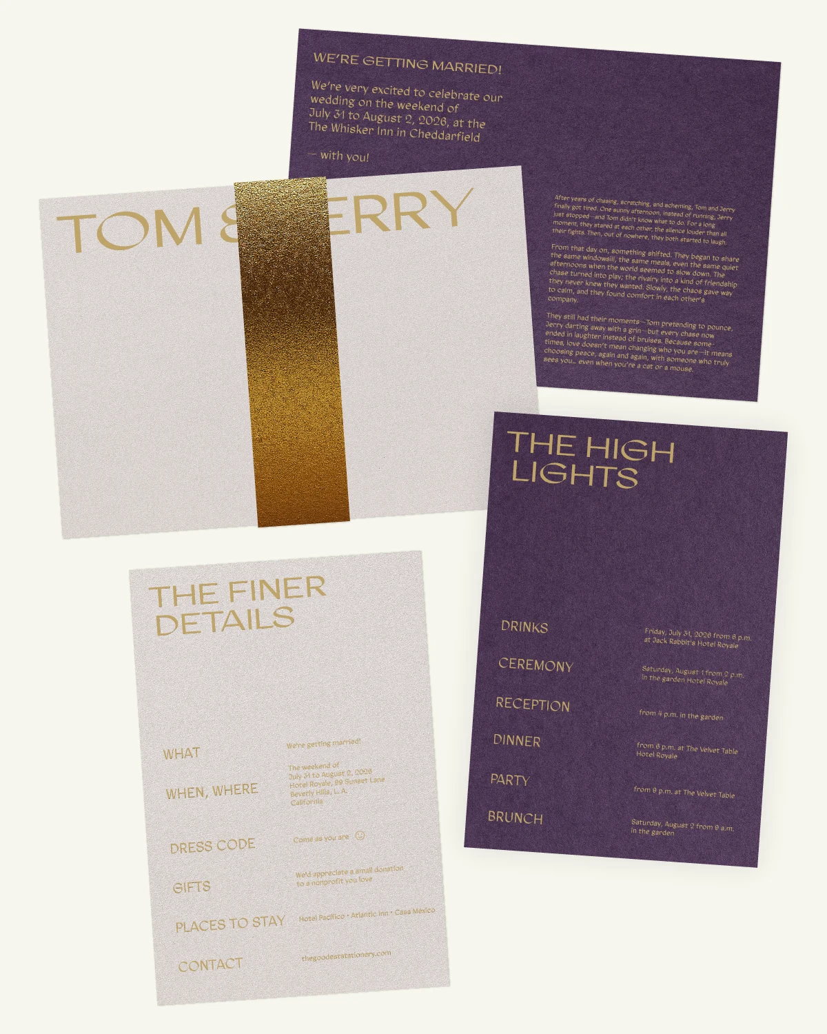 Digital mockup of the beautiful Or Suite invitation and inlays with the original paper texture. Digital mockup of the beautiful Or Suite invitation and inlays with the original paper texture.