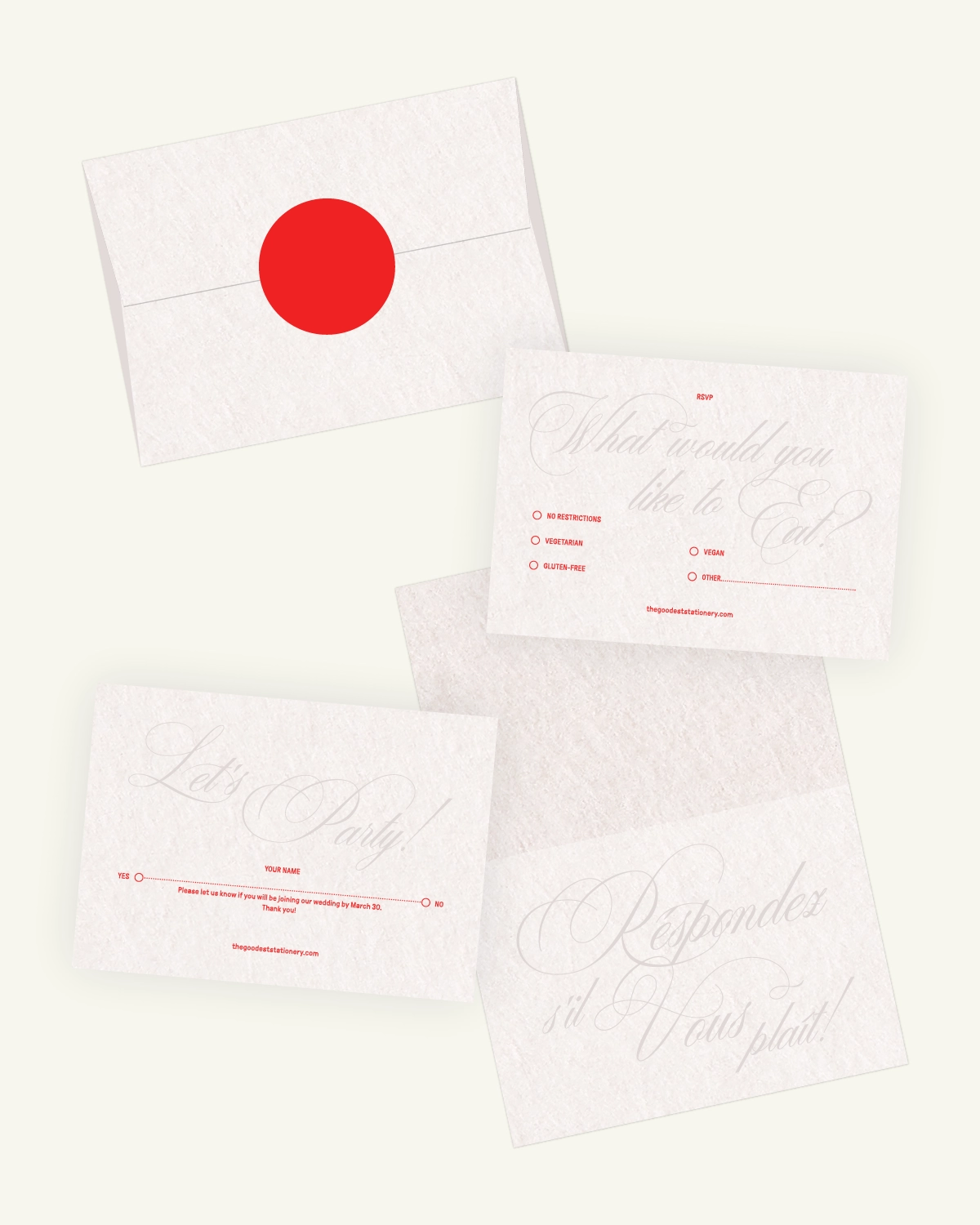 Gorgeous digital mockup of the Aspen Suite: RSVP card, inlays, and envelope with a luxurious paper texture. Gorgeous digital mockup of the Aspen Suite: RSVP card, inlays, and envelope with a luxurious paper texture.