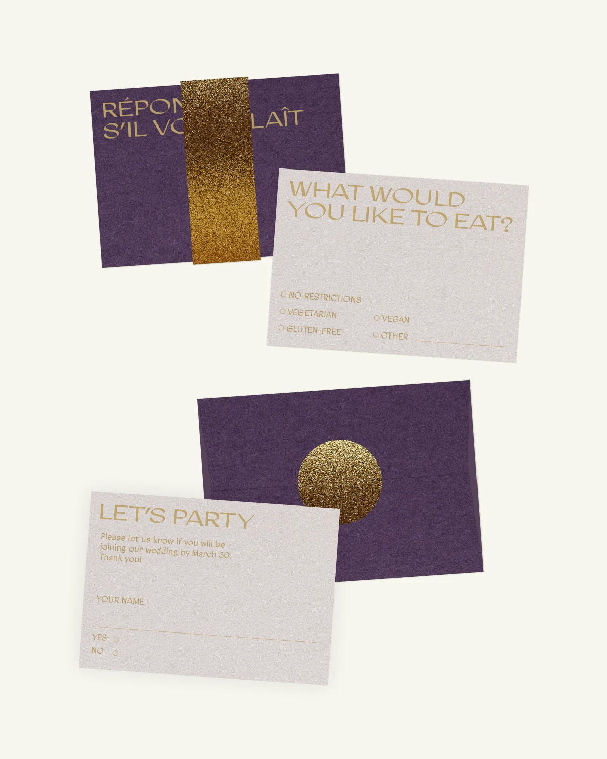 Gorgeous digital mockup of the Or Suite: RSVP card, inlays, and envelope with a luxurious paper texture. Gorgeous digital mockup of the Or Suite: RSVP card, inlays, and envelope with a luxurious paper texture.