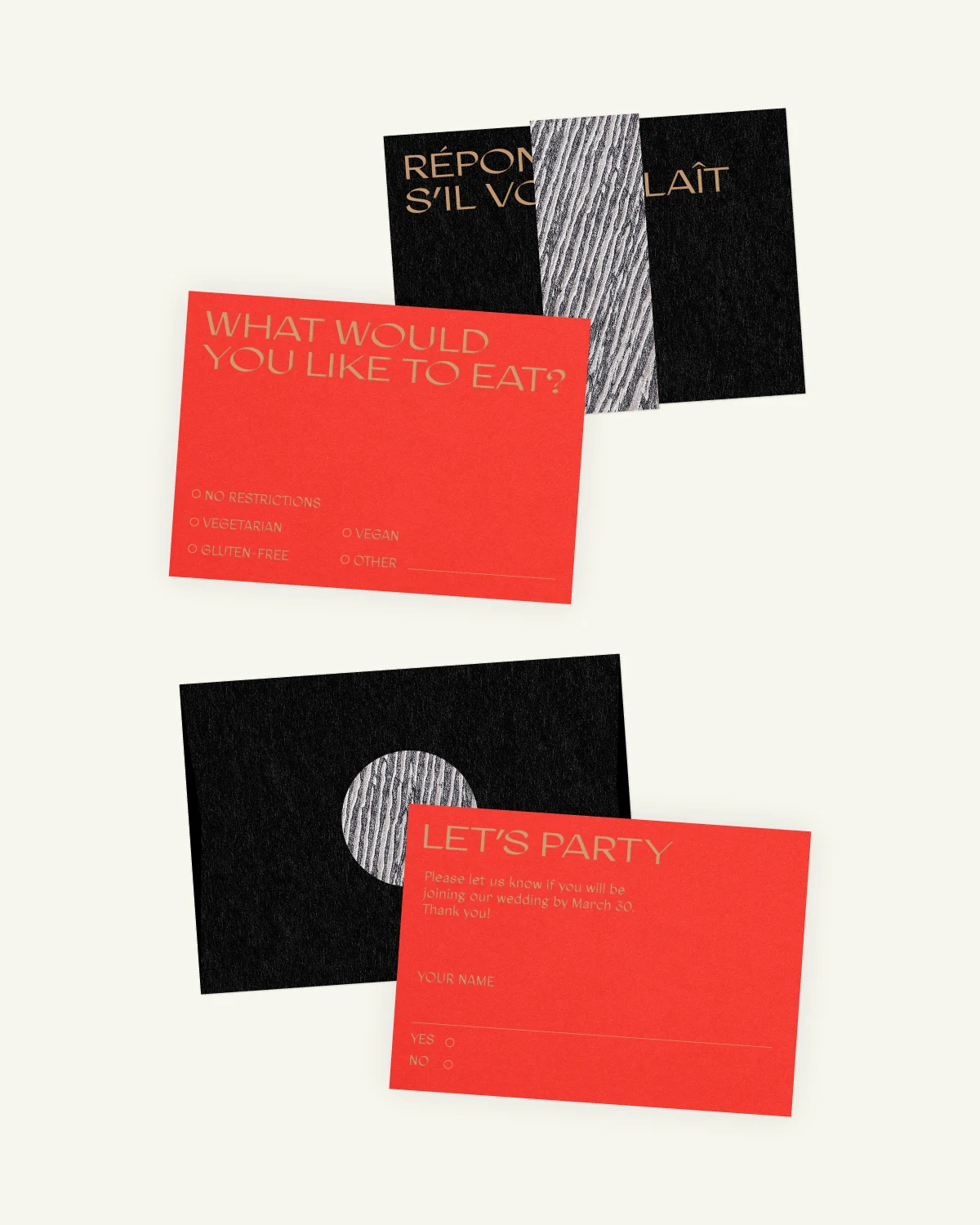 Gorgeous digital mockup of the Fever Suite: RSVP card, inlays, and envelope with a luxurious paper texture. Gorgeous digital mockup of the Fever Suite: RSVP card, inlays, and envelope with a luxurious paper texture.