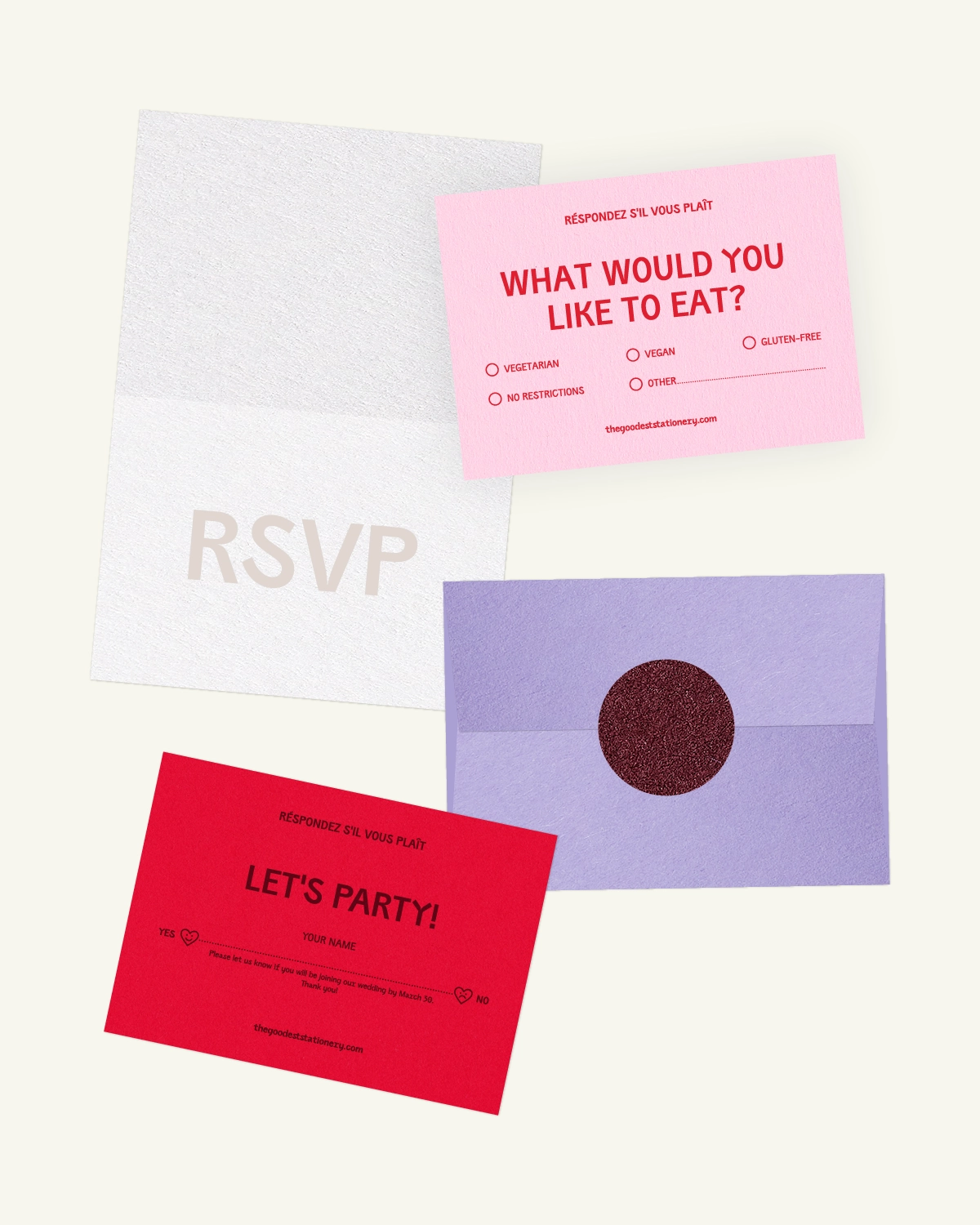 Gorgeous digital mockup of the Fizz Suite: RSVP card, inlays, and envelope with a luxurious paper texture. Gorgeous digital mockup of the Fizz Suite: RSVP card, inlays, and envelope with a luxurious paper texture.