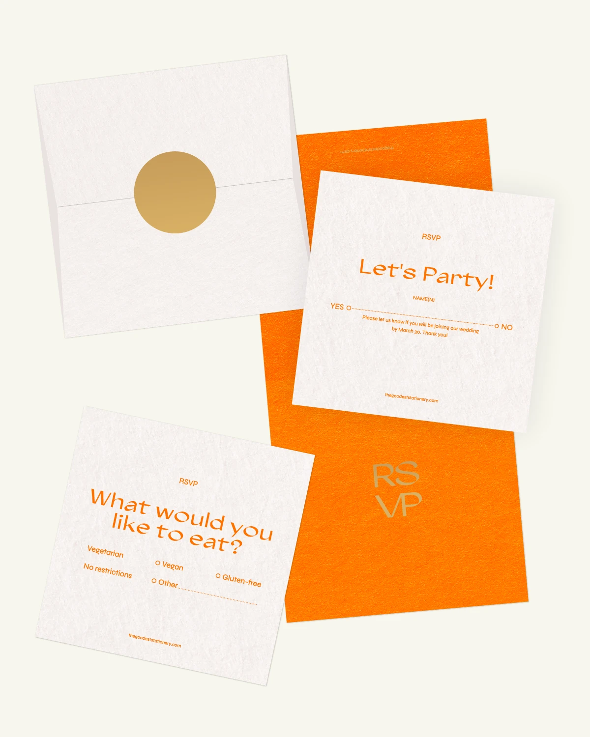 Gorgeous digital mockup of the Sol Suite: RSVP card, inlays, and envelope with a luxurious paper texture. Gorgeous digital mockup of the Sol Suite: RSVP card, inlays, and envelope with a luxurious paper texture.