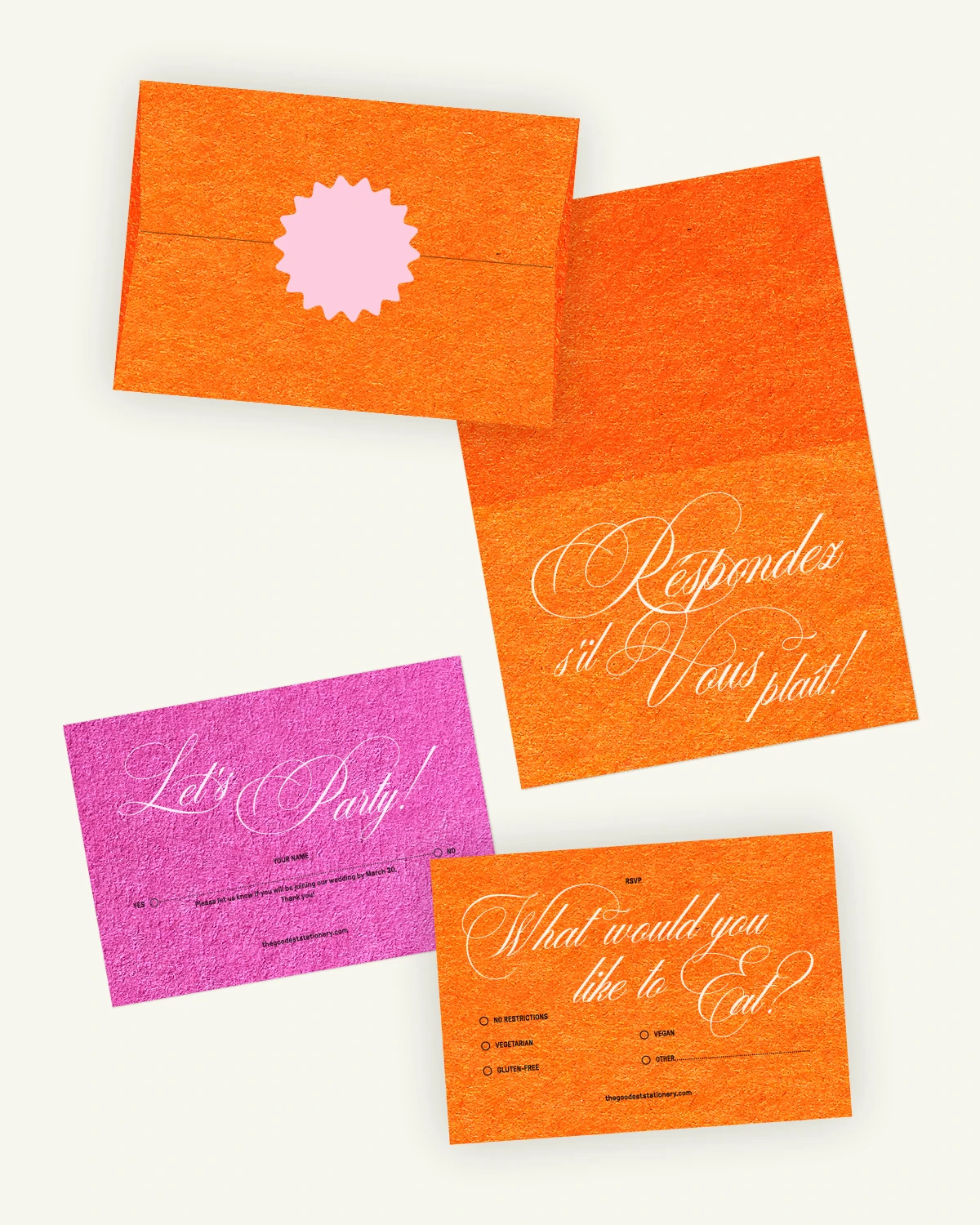 Gorgeous digital mockup of the Flamingo Suite: RSVP card, inlays, and envelope with a luxurious paper texture. Gorgeous digital mockup of the Flamingo Suite: RSVP card, inlays, and envelope with a luxurious paper texture.