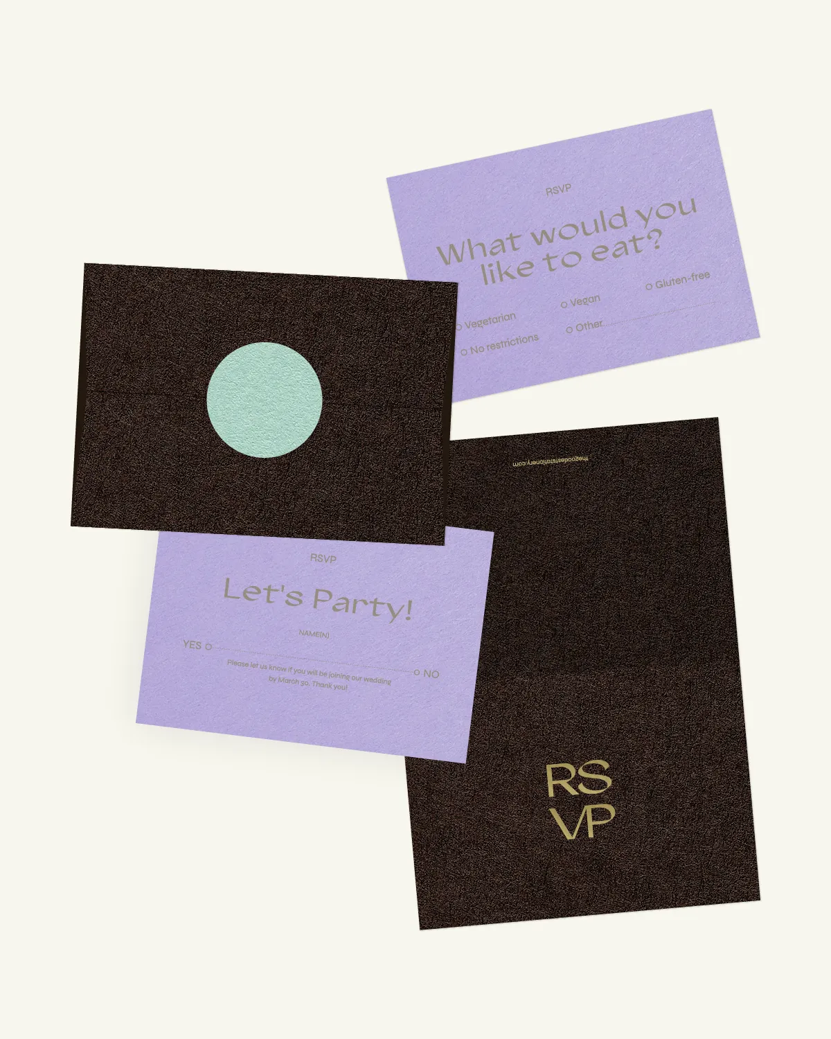 Gorgeous digital mockup of the Leylak Suite: RSVP card, inlays, and envelope with a luxurious paper texture. Gorgeous digital mockup of the Leylak Suite: RSVP card, inlays, and envelope with a luxurious paper texture.
