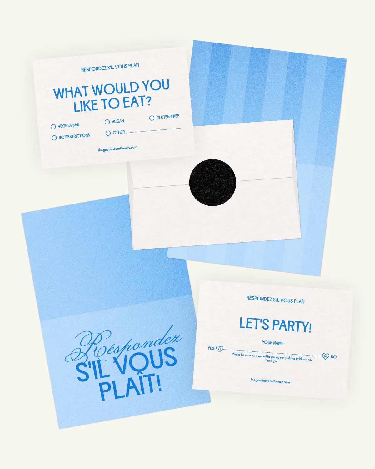 Gorgeous digital mockup of the Umi Suite: RSVP card, inlays, and envelope with a luxurious paper texture. Gorgeous digital mockup of the Umi Suite: RSVP card, inlays, and envelope with a luxurious paper texture.