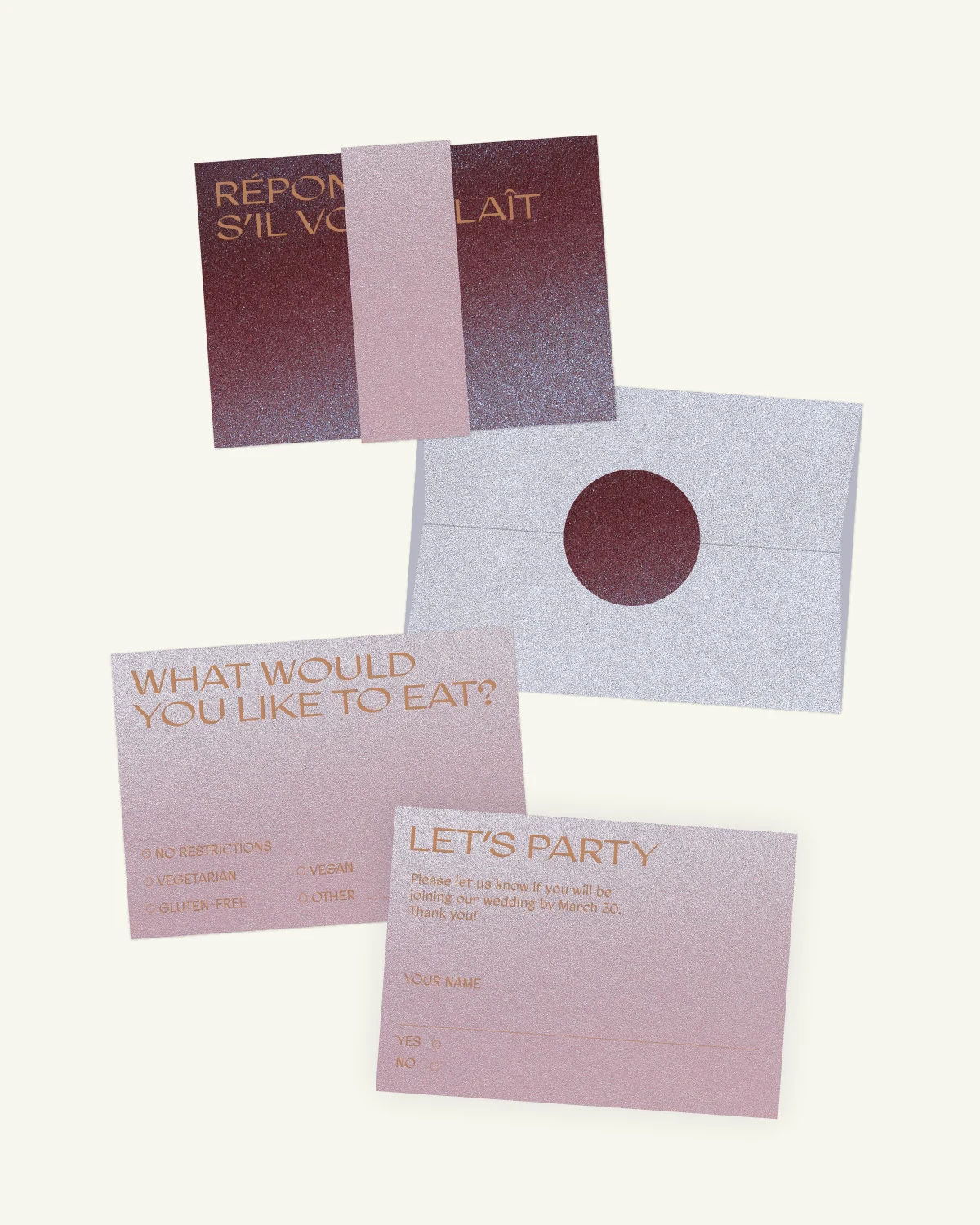 Gorgeous digital mockup of the Stardust Suite: RSVP card, inlays, and envelope with a luxurious paper texture. Gorgeous digital mockup of the Stardust Suite: RSVP card, inlays, and envelope with a luxurious paper texture.