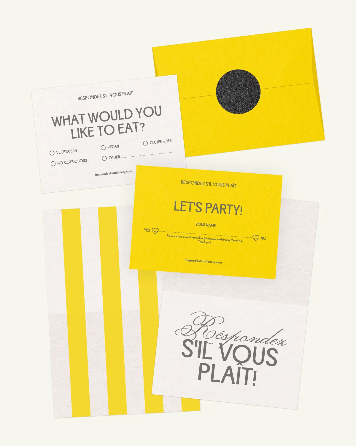 Gorgeous digital mockup of the Amalfi Suite: RSVP card, inlays, and envelope with a luxurious paper texture. Gorgeous digital mockup of the Amalfi Suite: RSVP card, inlays, and envelope with a luxurious paper texture.