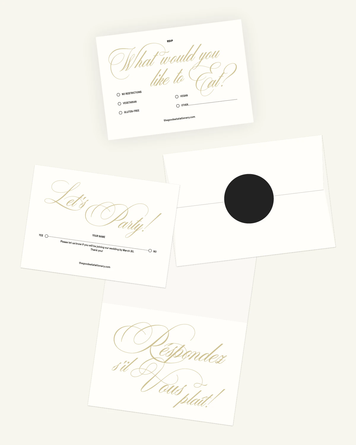 Gorgeous digital mockup of the Kandy Suite: RSVP card, inlays, and envelope with a luxurious paper texture. Gorgeous digital mockup of the Kandy Suite: RSVP card, inlays, and envelope with a luxurious paper texture.
