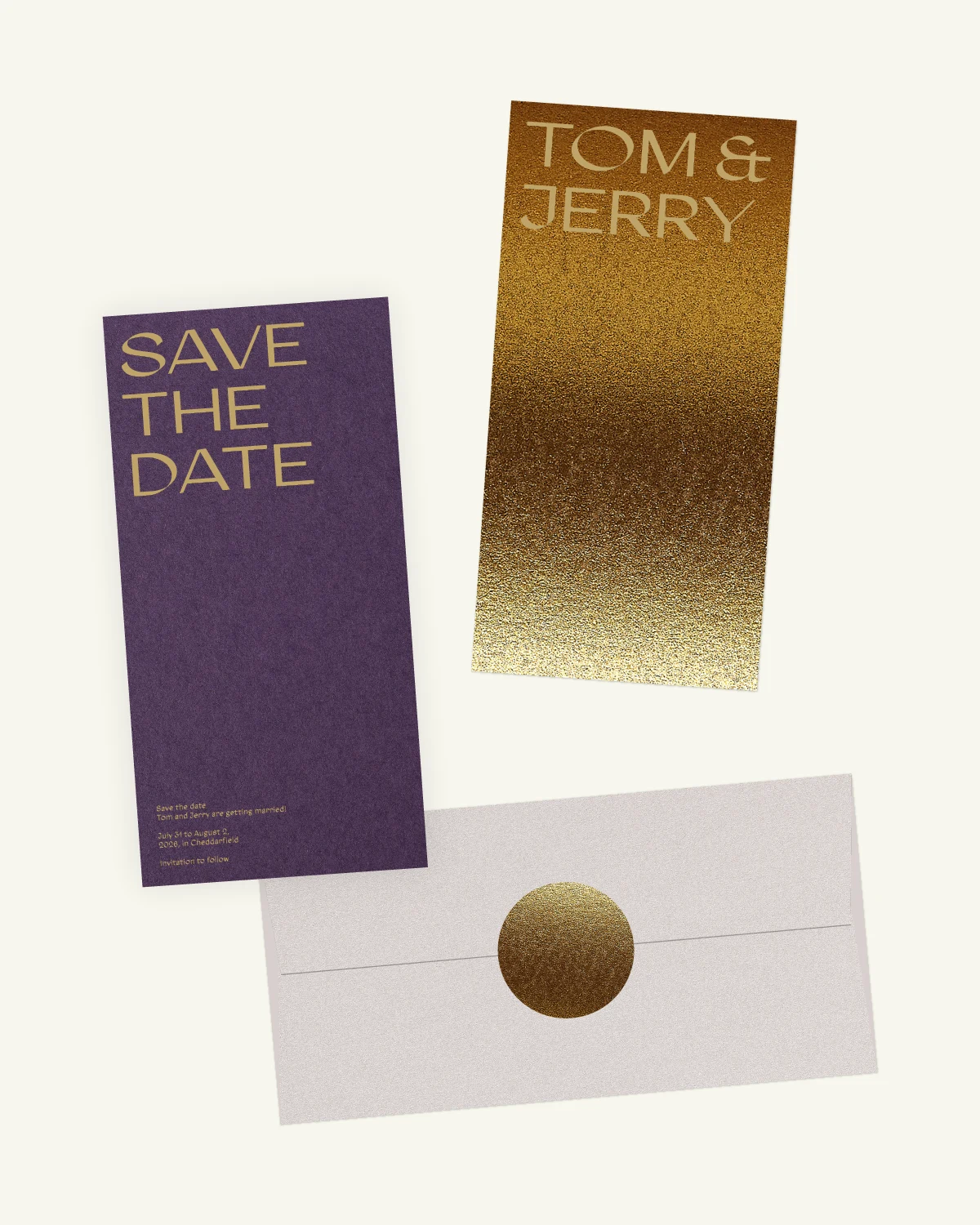 Digital mockup of Or Suite Save-the-date card with luxurious inlay and envelope. Digital mockup of Or Suite Save-the-date card with luxurious inlay and envelope.