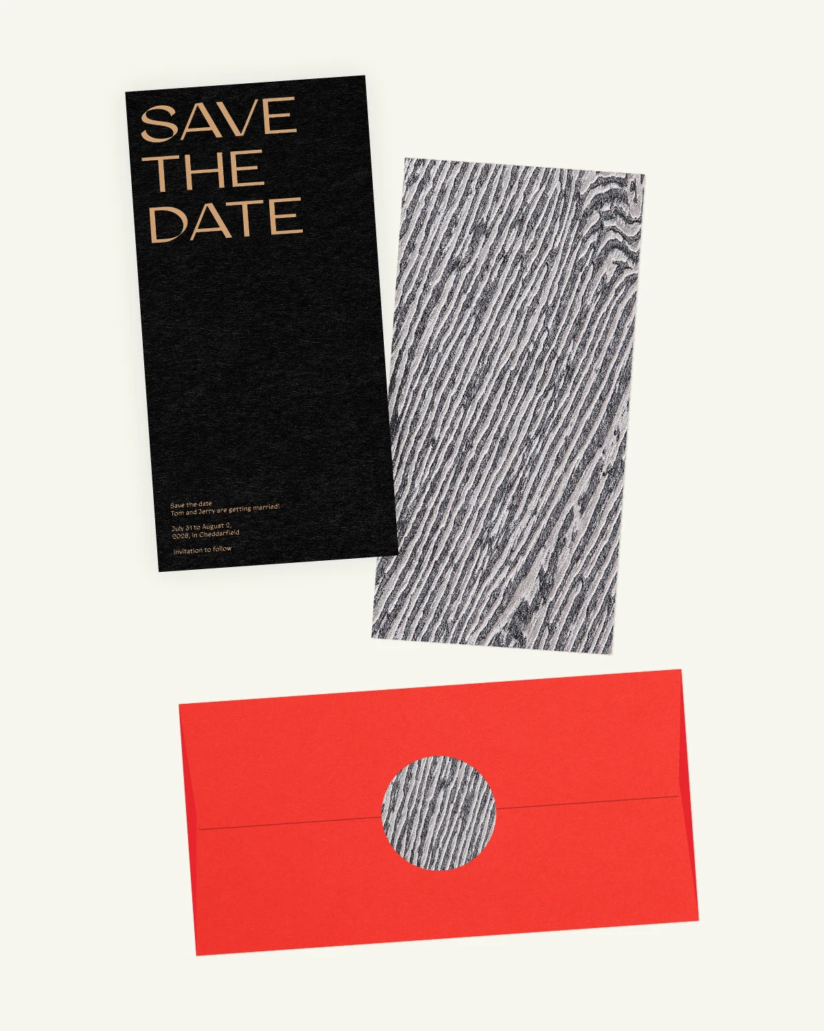 Digital mockup of Fever Suite Save-the-date card with luxurious inlay and envelope.heDate Digital mockup of Fever Suite Save-the-date card with luxurious inlay and envelope.heDate