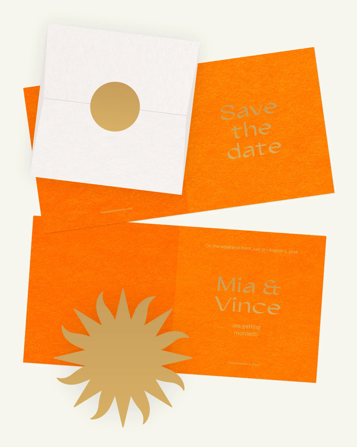 Luxurious digital mockup of the Sol Suite save-the-date card and envelope with gorgeous original paper texture.