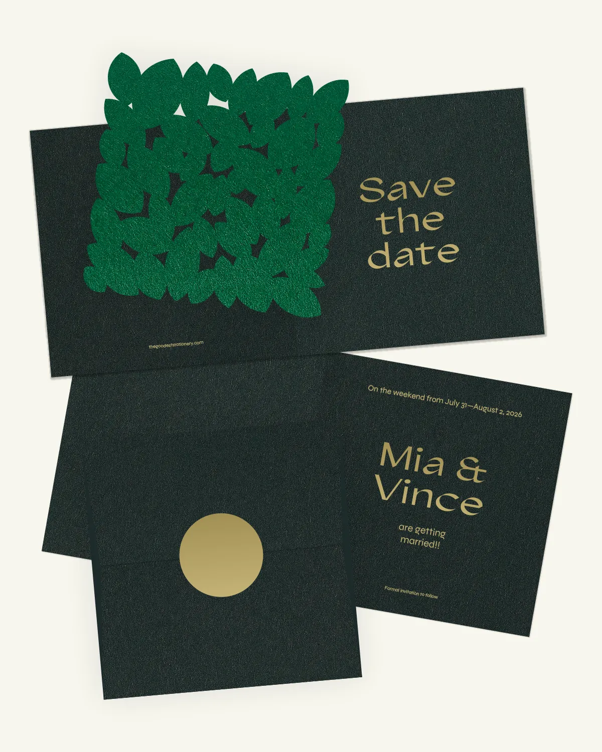 Digital mockup of Java Suite Save-the-date card with luxurious inlay and envelope.