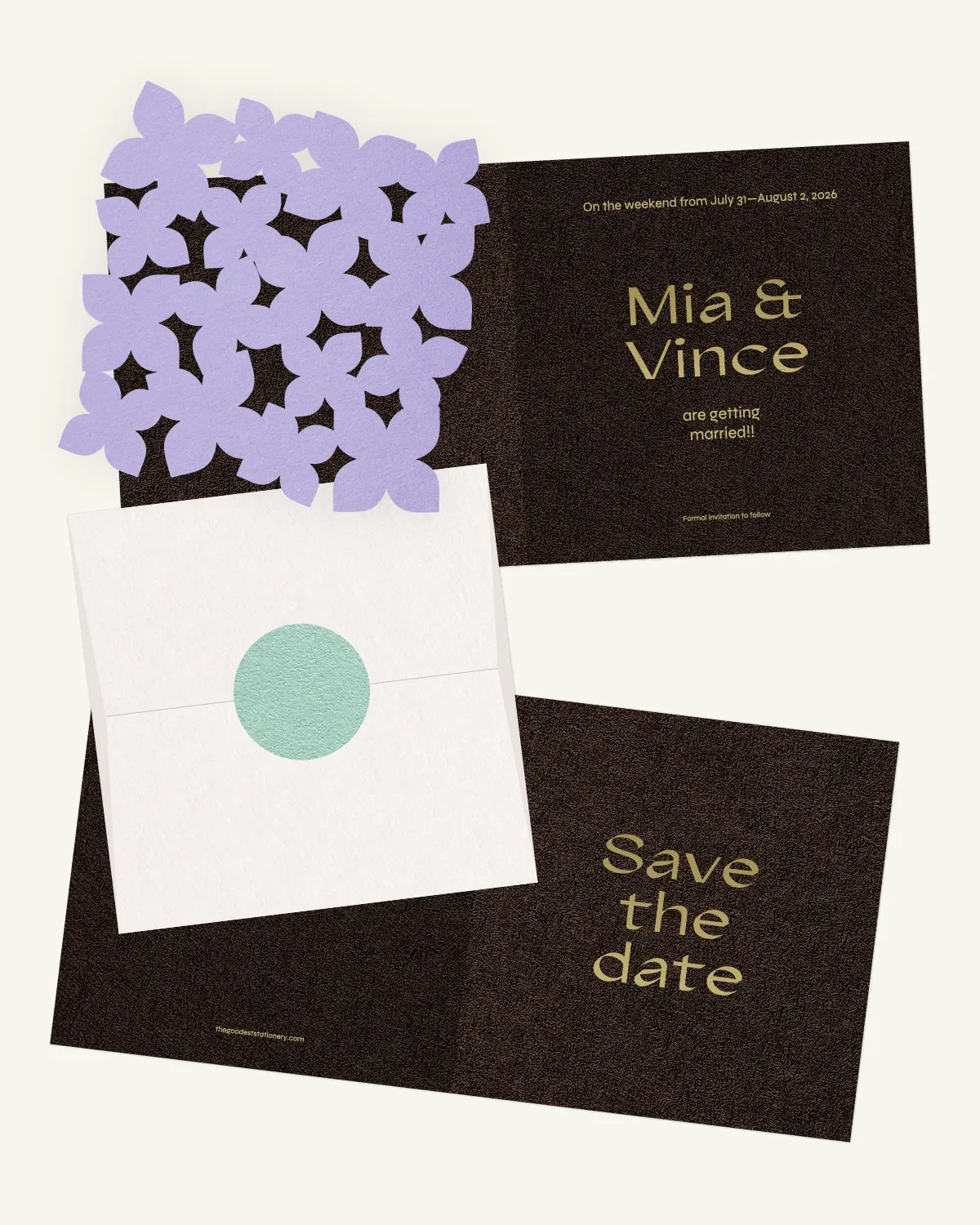 Digital mockup of Leylak Suite Save-the-date card with luxurious inlay and envelope.