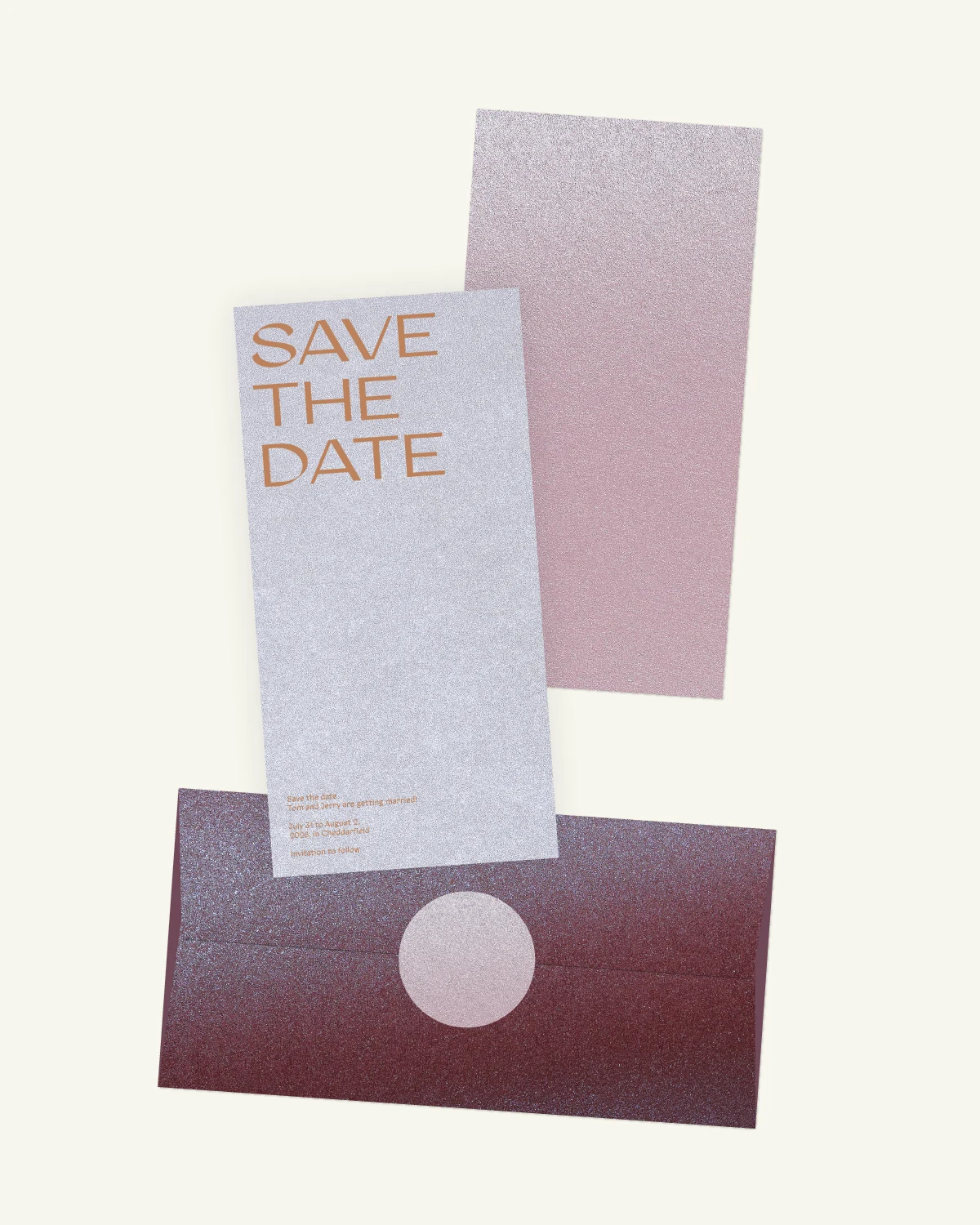 Digital mockup of Stardust Suite Save-the-date card with luxurious inlay and envelope. Digital mockup of Stardust Suite Save-the-date card with luxurious inlay and envelope.