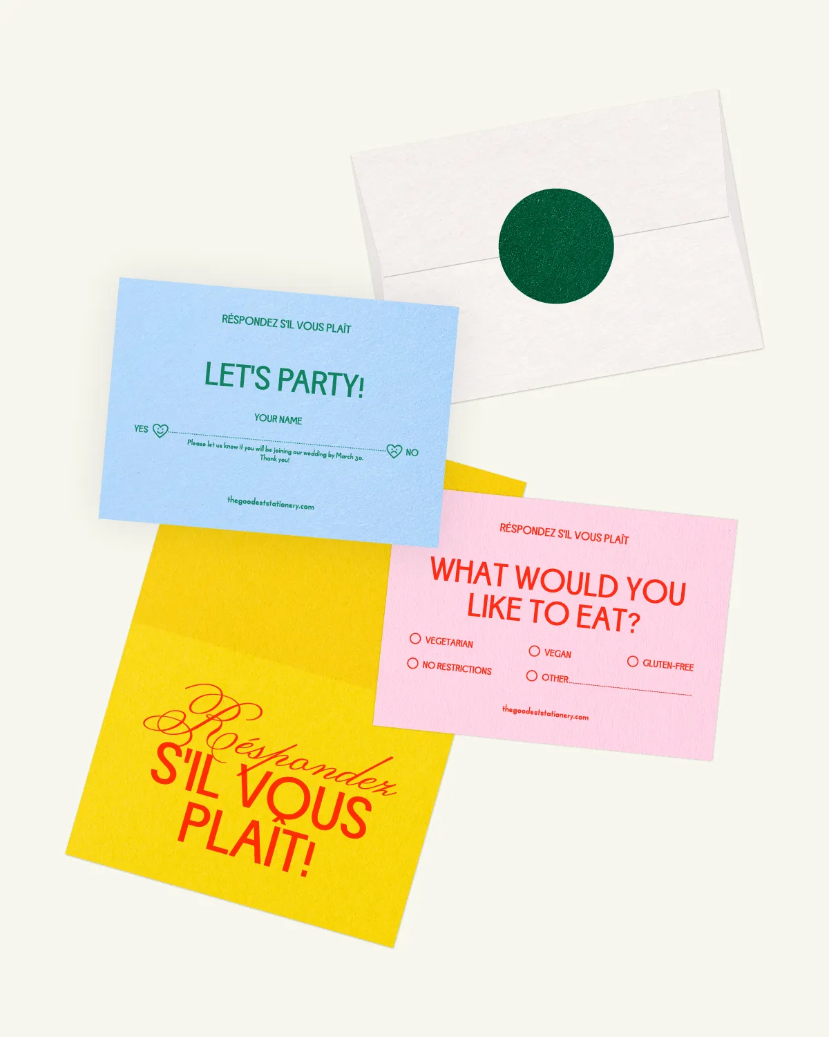 Gorgeous digital mockup of the Rosa Suite: RSVP card, inlays, and envelope with a luxurious paper texture.