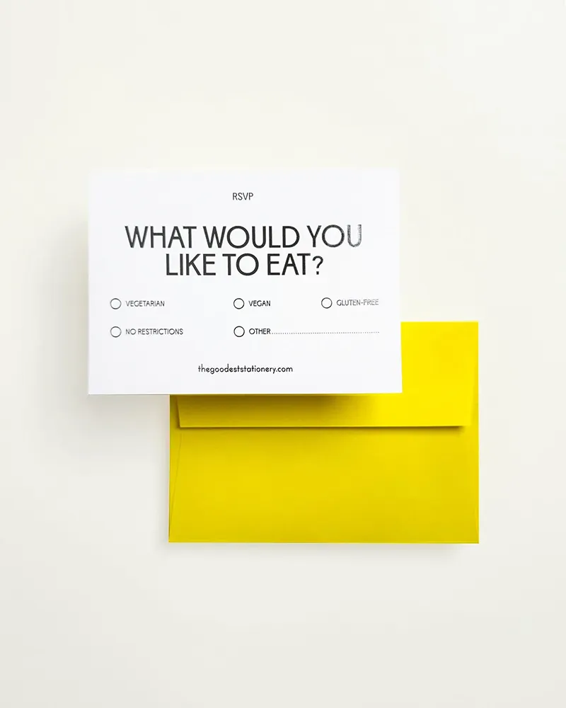 Luxury Amalfi Suite RSVP card, inlays, and envelope in Natural White & Factory Yellow by The Goodest Stationery.