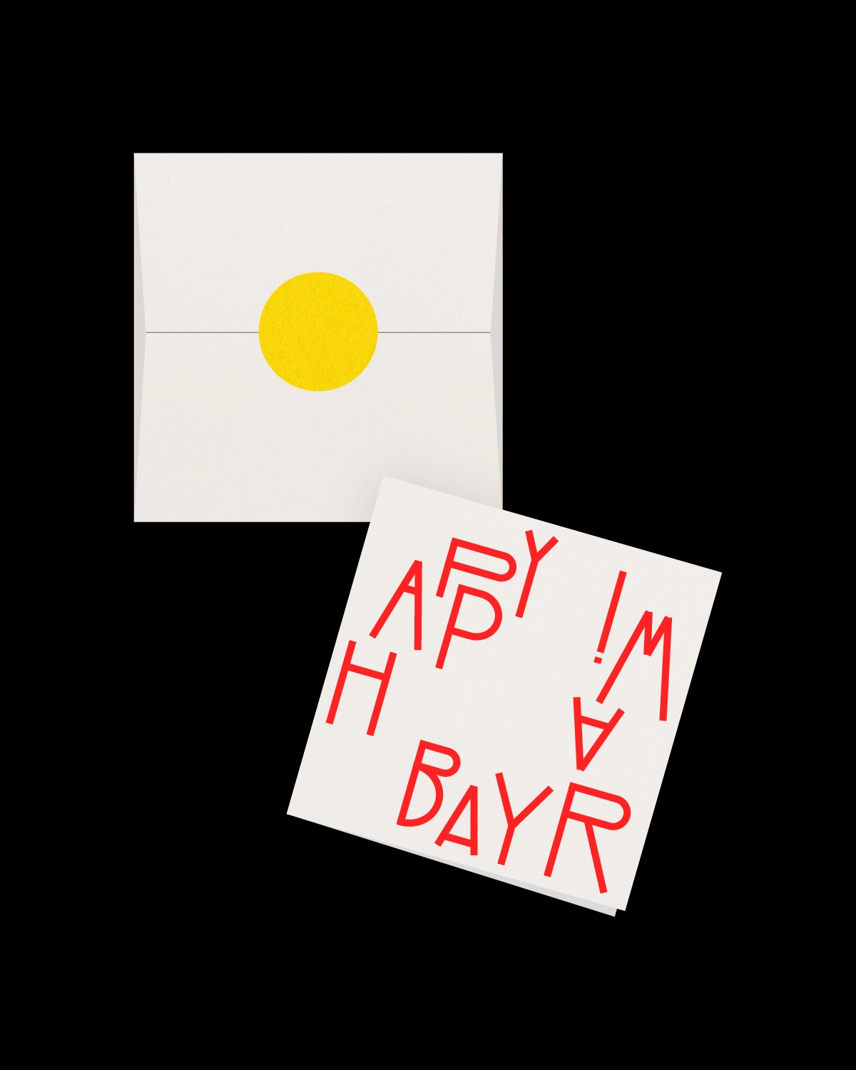 White greeting card with red text reading 