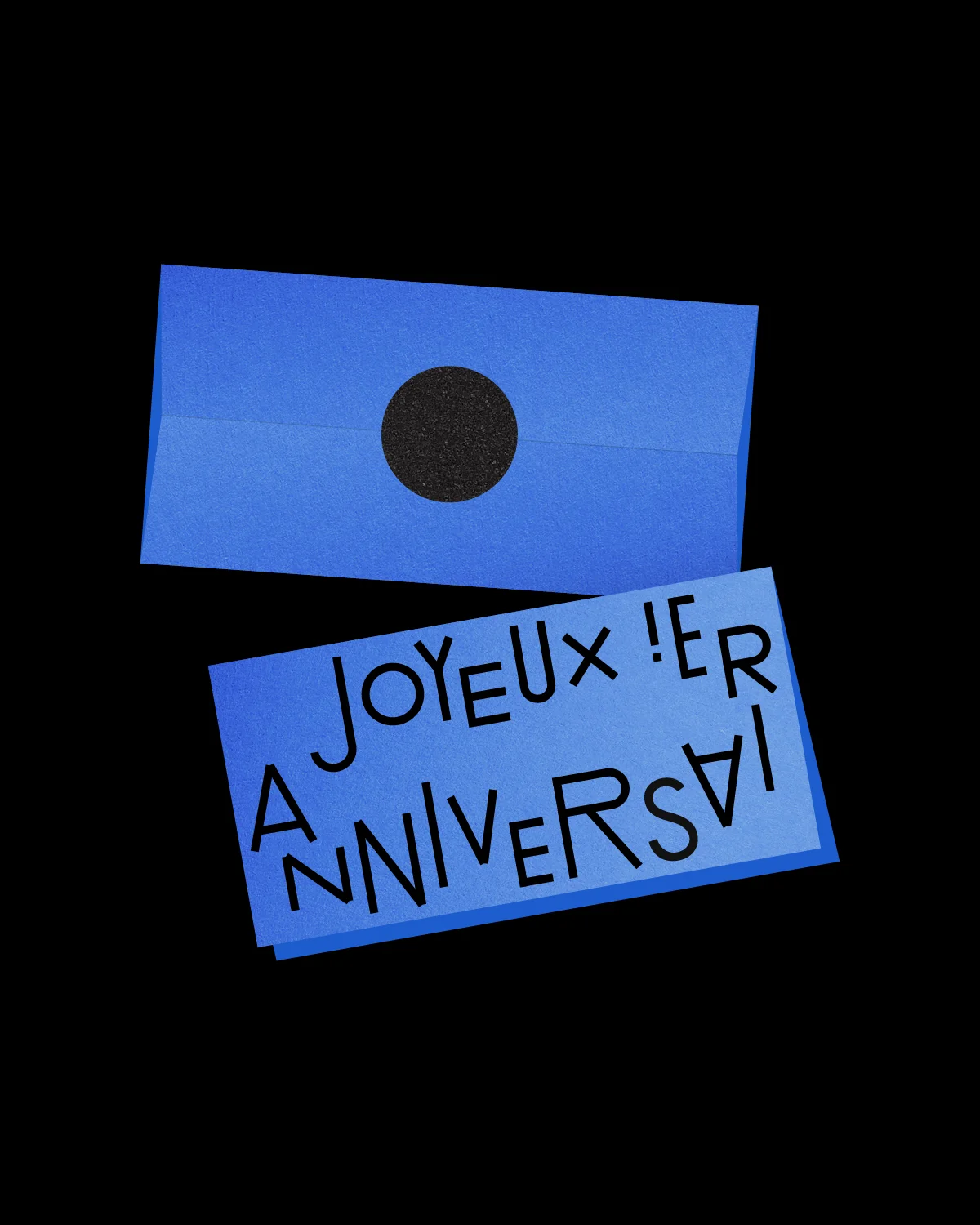 Royal blue card with black text reading 