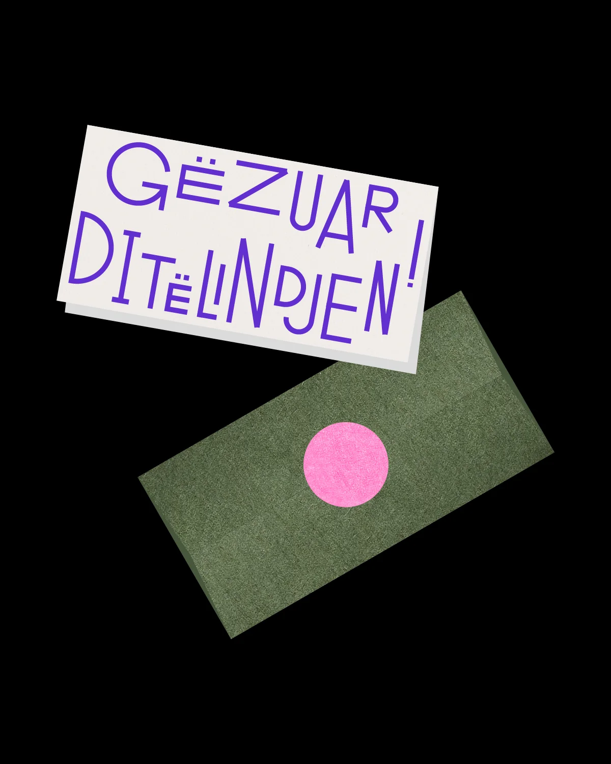 Soft grey card with purple text reading 