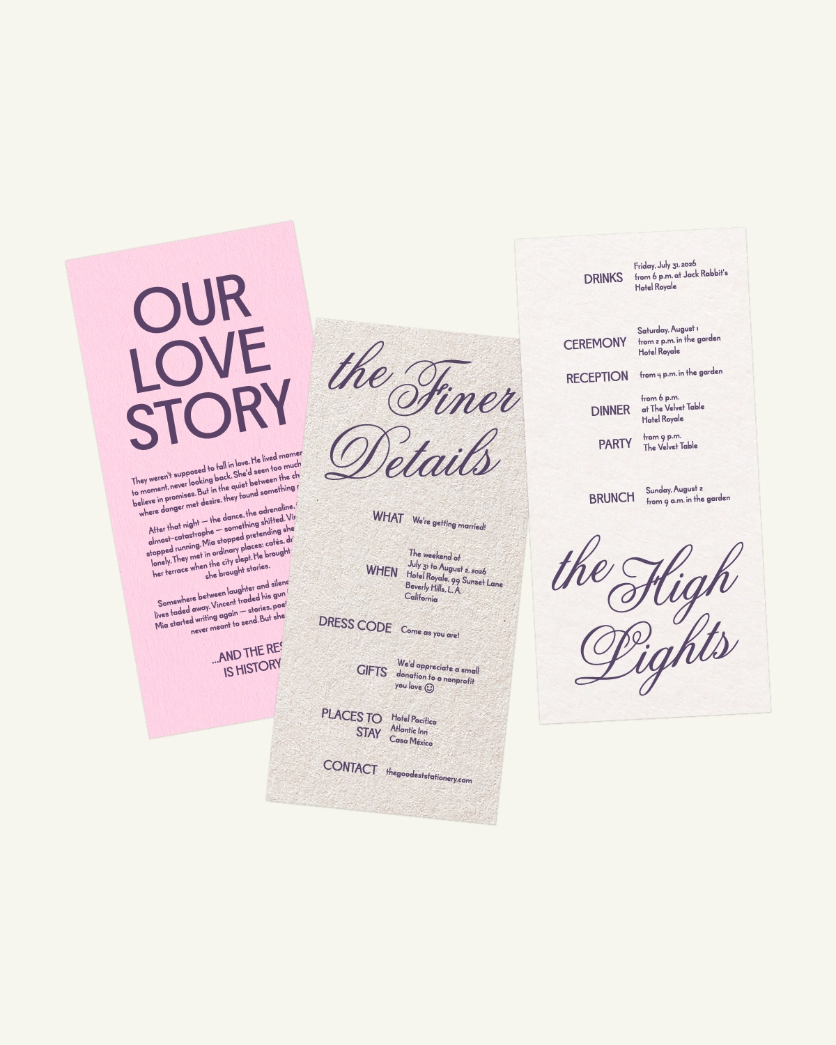 Digital mockup of the beautiful Poppy Suite highlights and guest info inlays with the original paper texture.