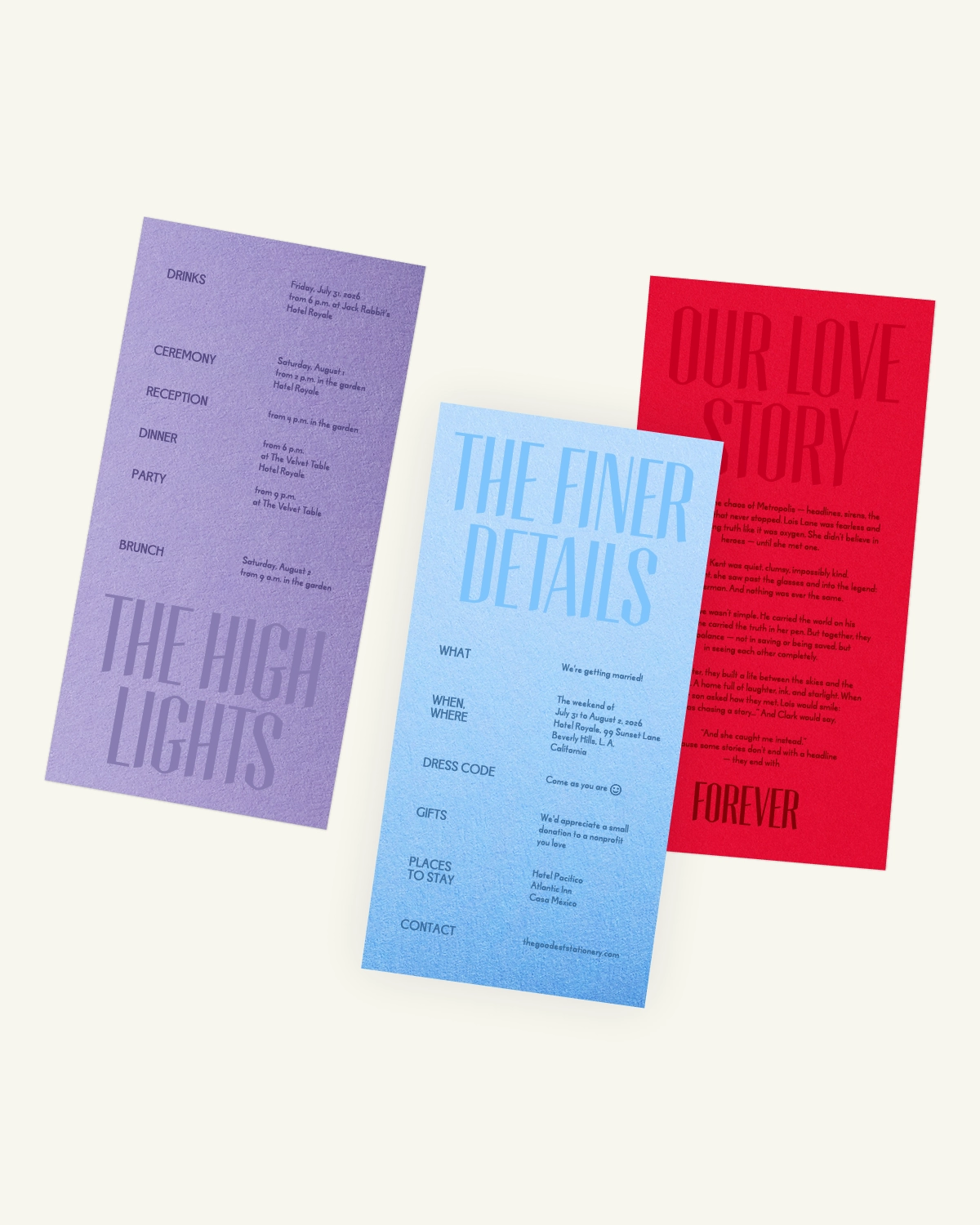 Digital mockup of the beautiful Lila Suite highlights and guest info inlays with the original paper texture.
