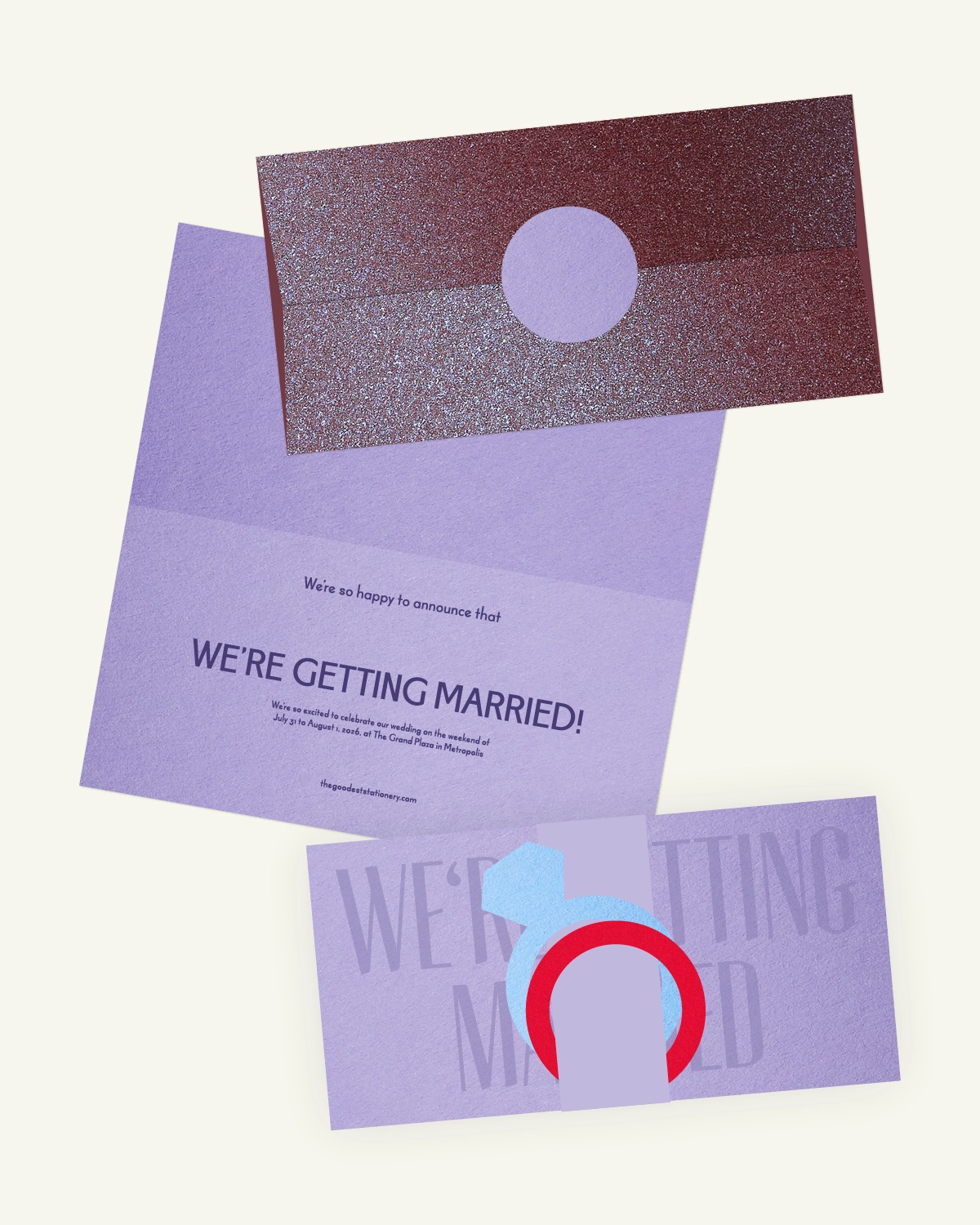 Digital mockup of the beautiful Lila Suite invitation and inlays with the original paper texture. Digital mockup of the beautiful Lila Suite invitation and inlays with the original paper texture.