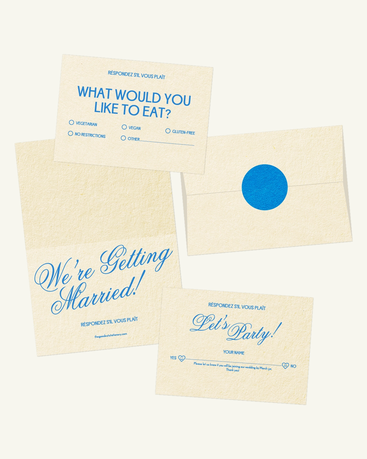 Gorgeous digital mockup of the Gelato Suite: RSVP card, inlays, and envelope with a luxurious paper texture. Gorgeous digital mockup of the Gelato Suite: RSVP card, inlays, and envelope with a luxurious paper texture.