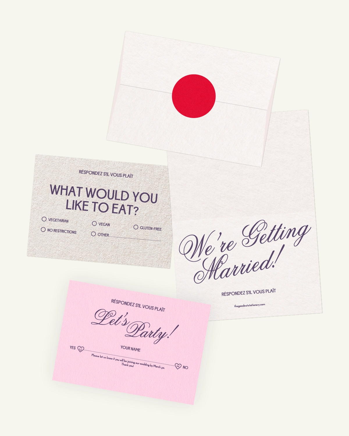 Gorgeous digital mockup of the Poppy Suite: RSVP card, inlays, and envelope with a luxurious paper texture. Gorgeous digital mockup of the Poppy Suite: RSVP card, inlays, and envelope with a luxurious paper texture.
