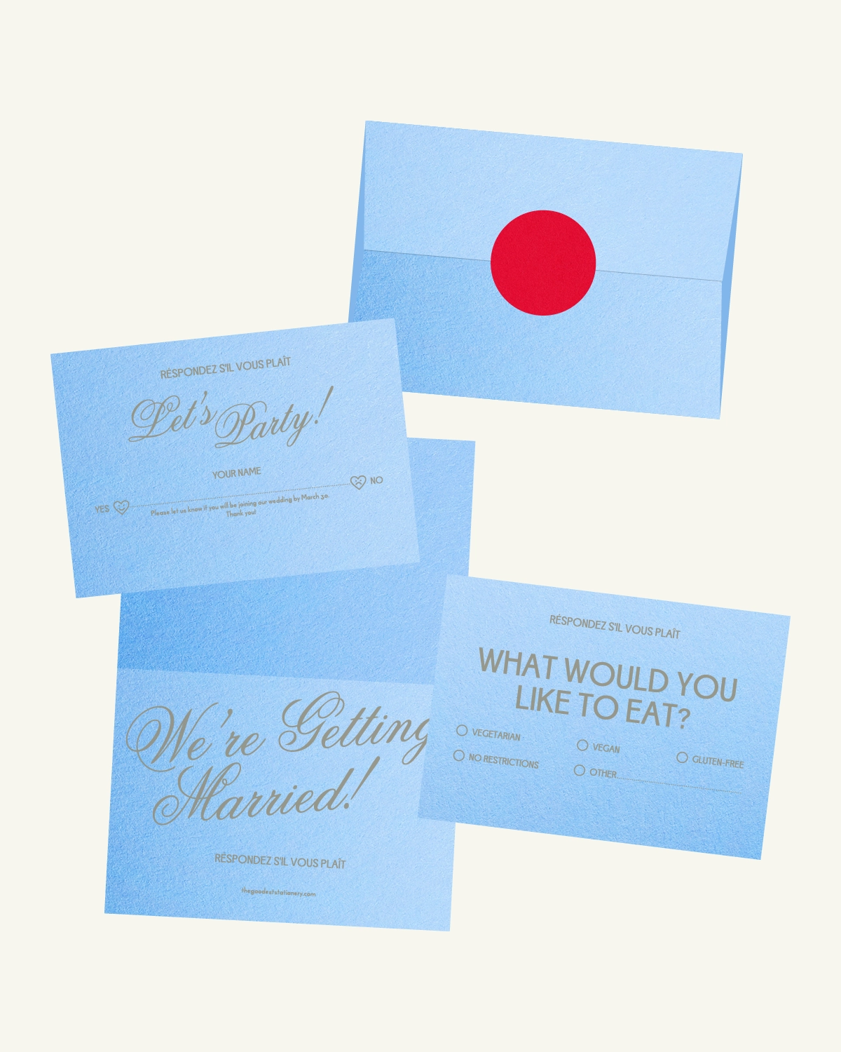 Gorgeous digital mockup of the Tian Suite: RSVP card, inlays, and envelope with a luxurious paper texture. Gorgeous digital mockup of the Tian Suite: RSVP card, inlays, and envelope with a luxurious paper texture.