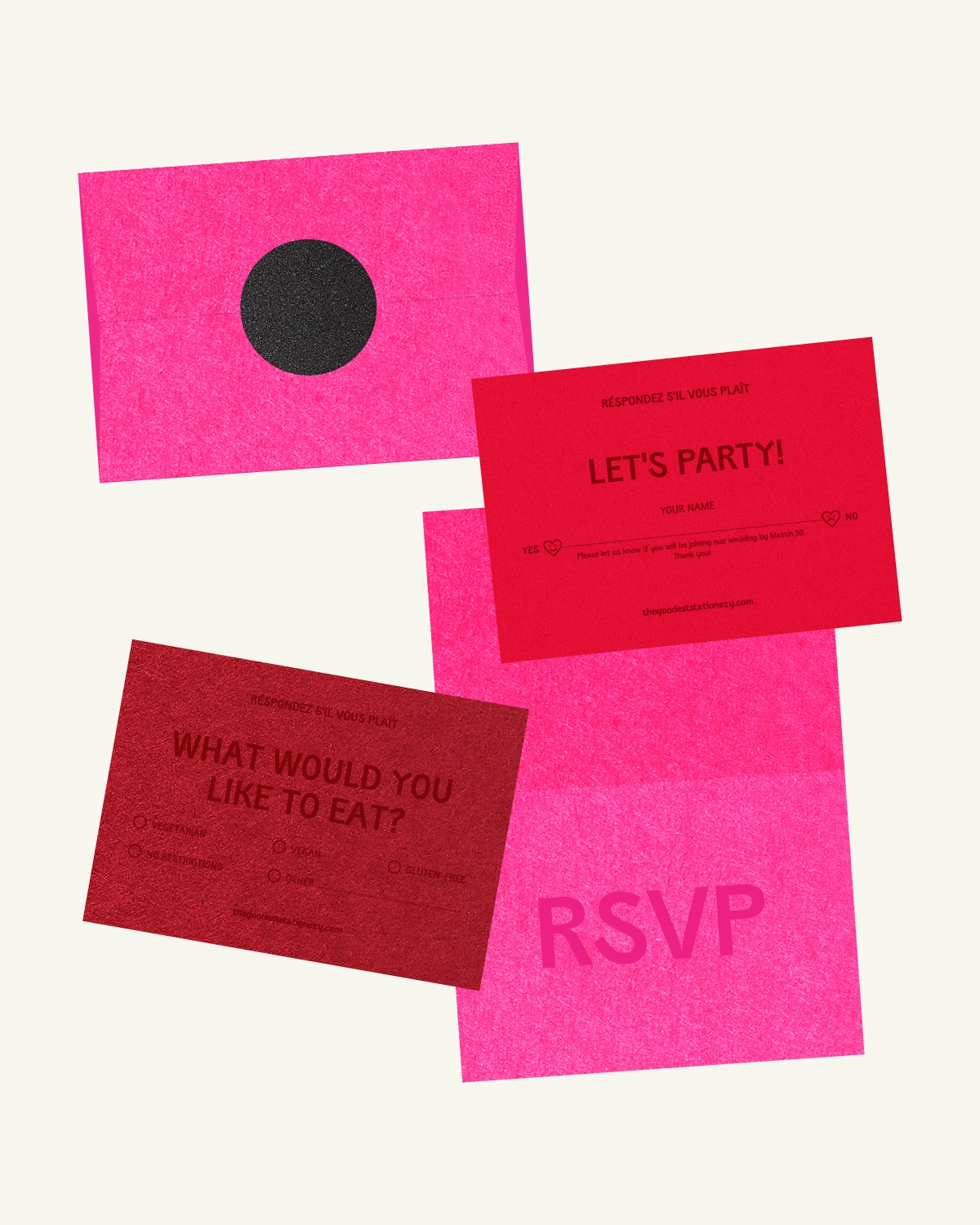 Gorgeous digital mockup of the Kir Royal Suite: RSVP card, inlays, and envelope with a luxurious paper texture.