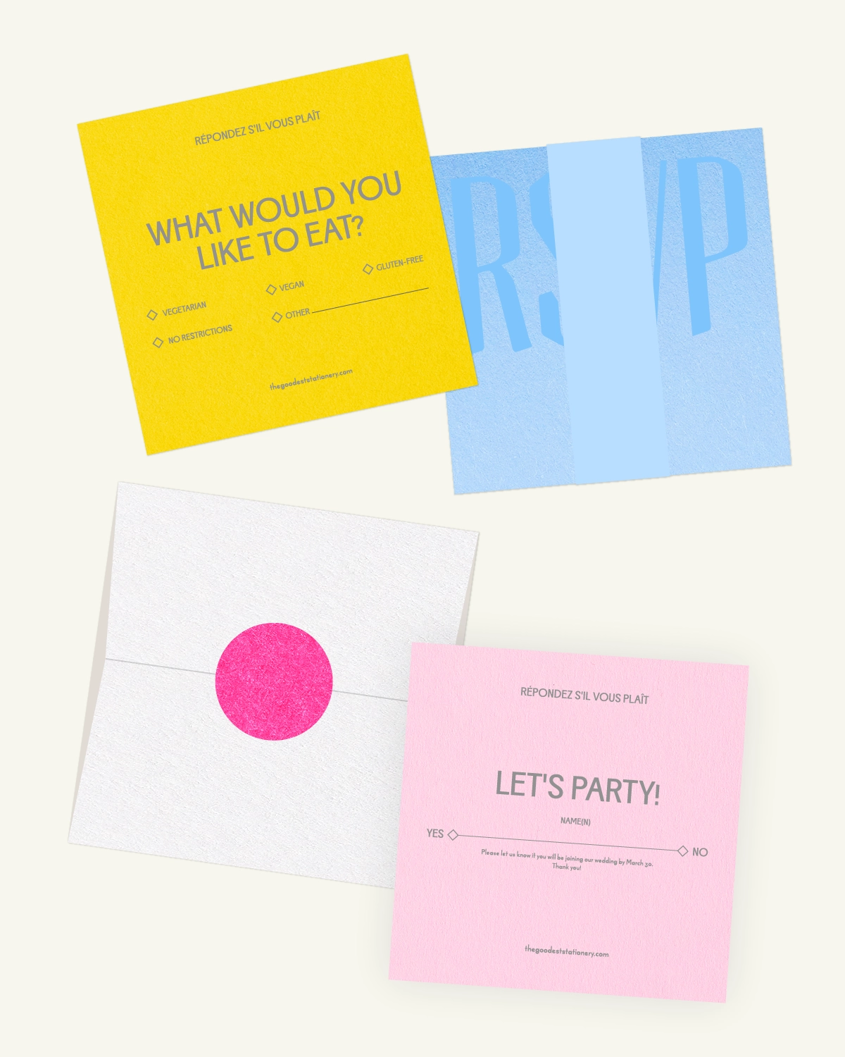 Gorgeous digital mockup of the Lato Suite: RSVP card, inlays, and envelope with a luxurious paper texture.