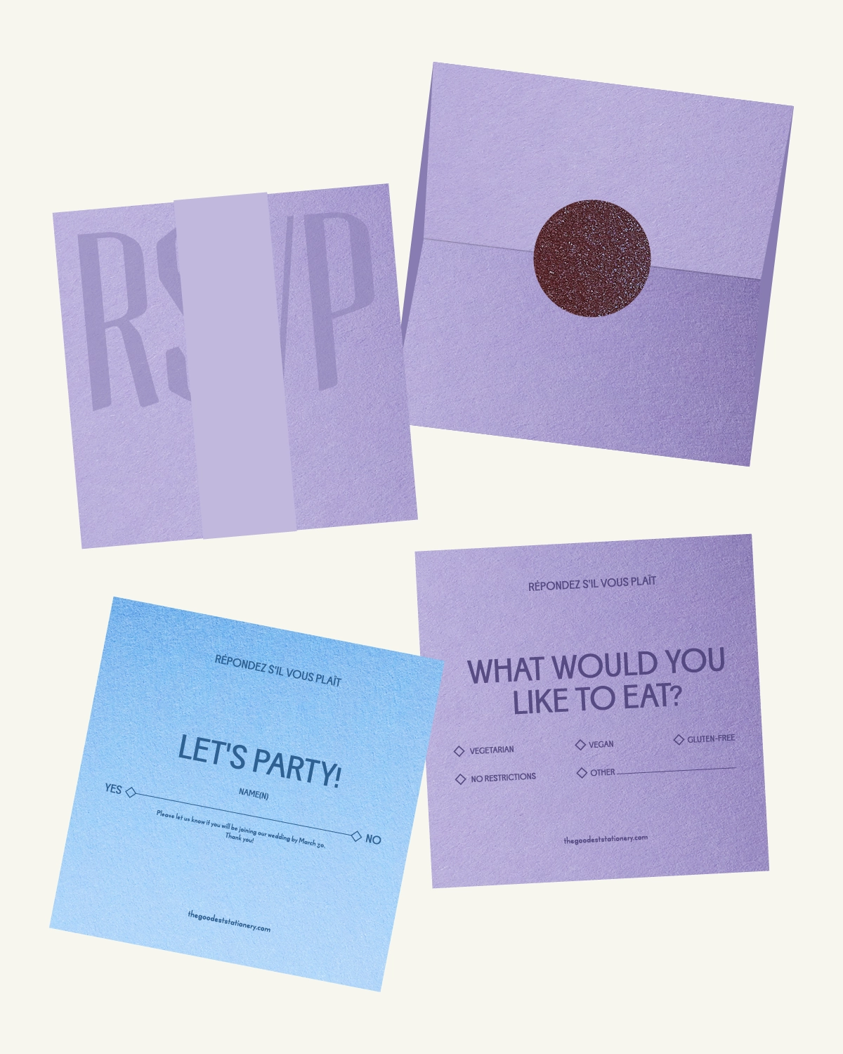 Gorgeous digital mockup of the Lila Suite: RSVP card, inlays, and envelope with a luxurious paper texture. Gorgeous digital mockup of the Lila Suite: RSVP card, inlays, and envelope with a luxurious paper texture.