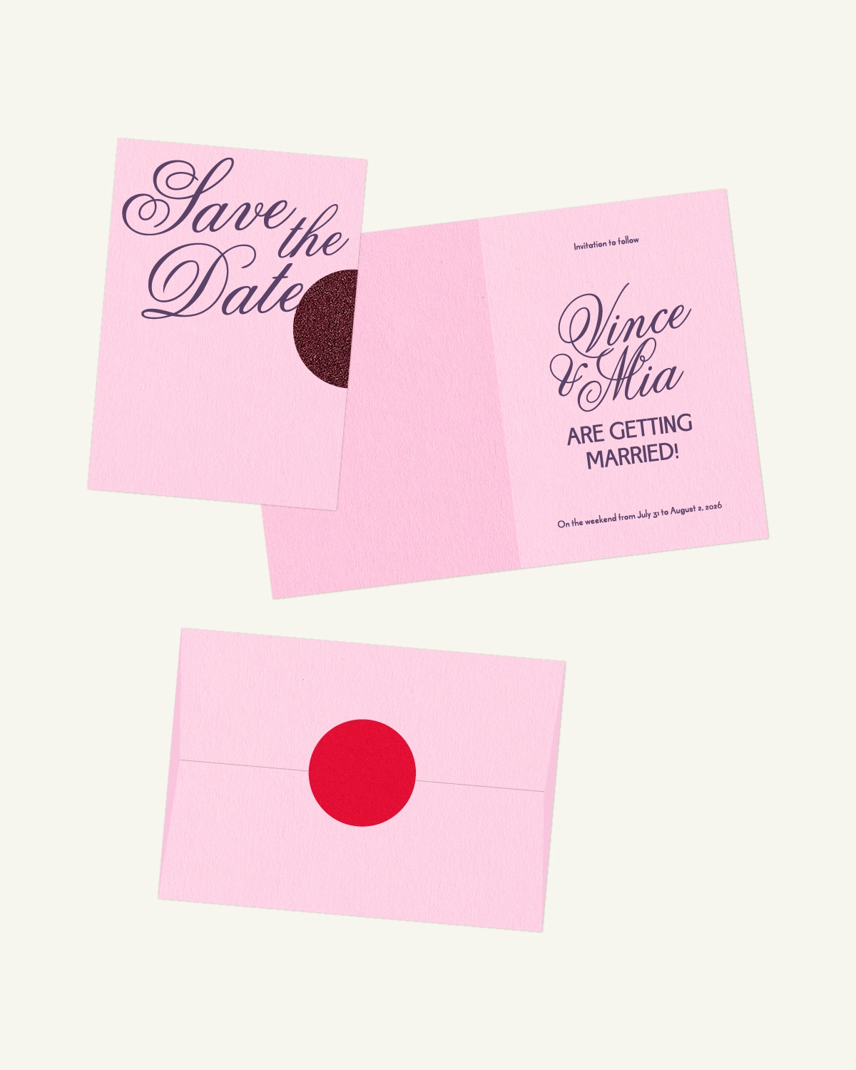 Digital mockup of Poppy Suite Save-the-date card with luxurious inlay and envelope.heDate Digital mockup of Poppy Suite Save-the-date card with luxurious inlay and envelope.heDate